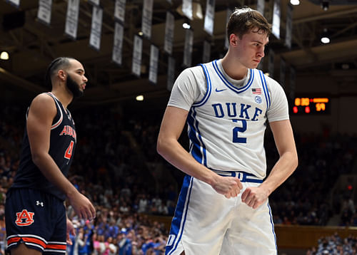 Duke Blue Devils forward Cooper Flagg (2) reacts after scoring a basket during the second half of their NCAA basketball game against the Auburn Tigers at Cameron Indoor Stadium. Photo: Imagn