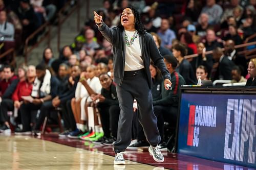 South Carolina Gamecocks head coach Dawn Staley directs her team against the Duke Blue Devils in the first half of their NCAA basketball game at Colonial Life Arena. Photo: Imagn