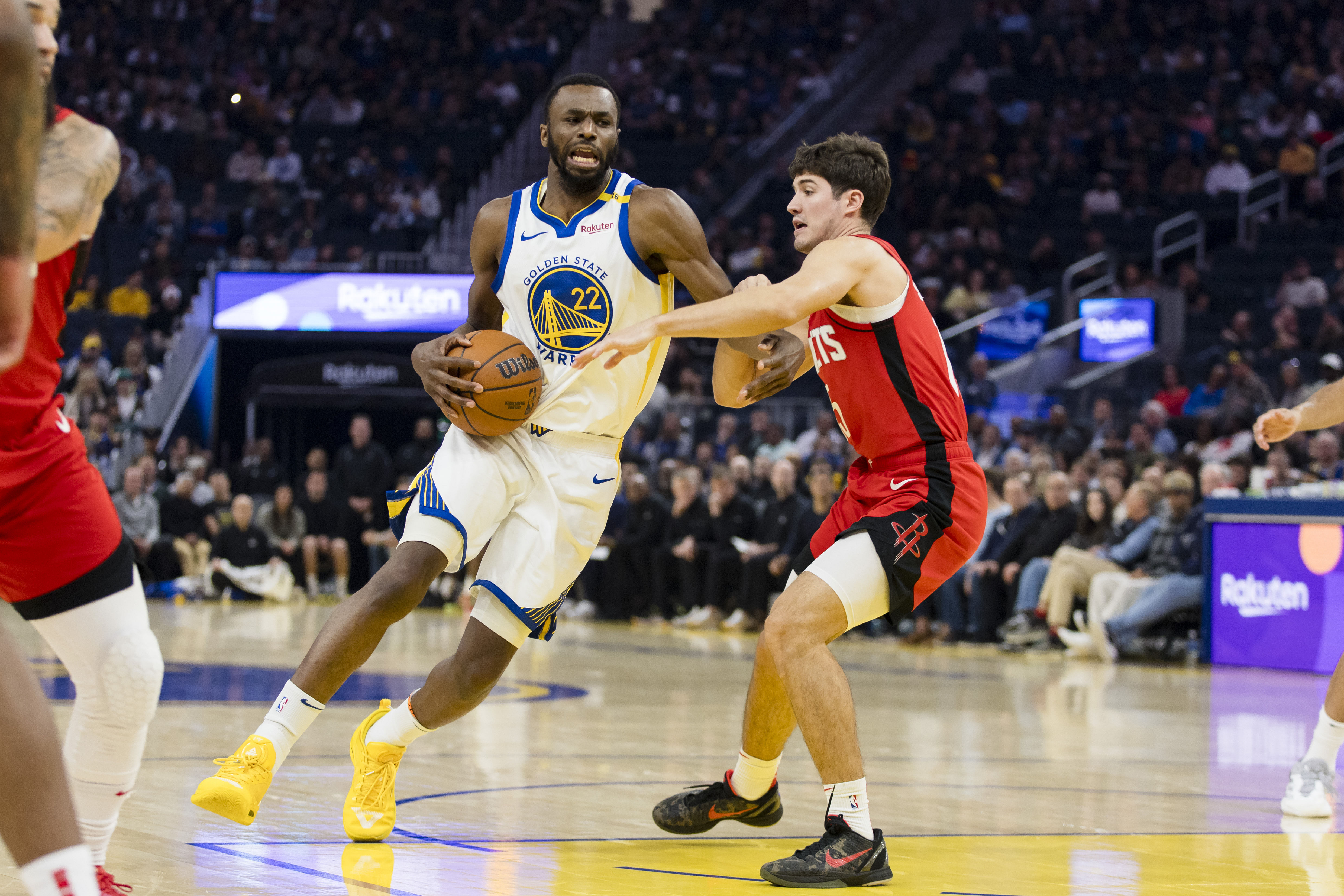 Houston Rockets guard Reed Sheppard defends against Golden State Warriors forward Andrew Wiggins at Chase Center. Photo Credit: Imagn