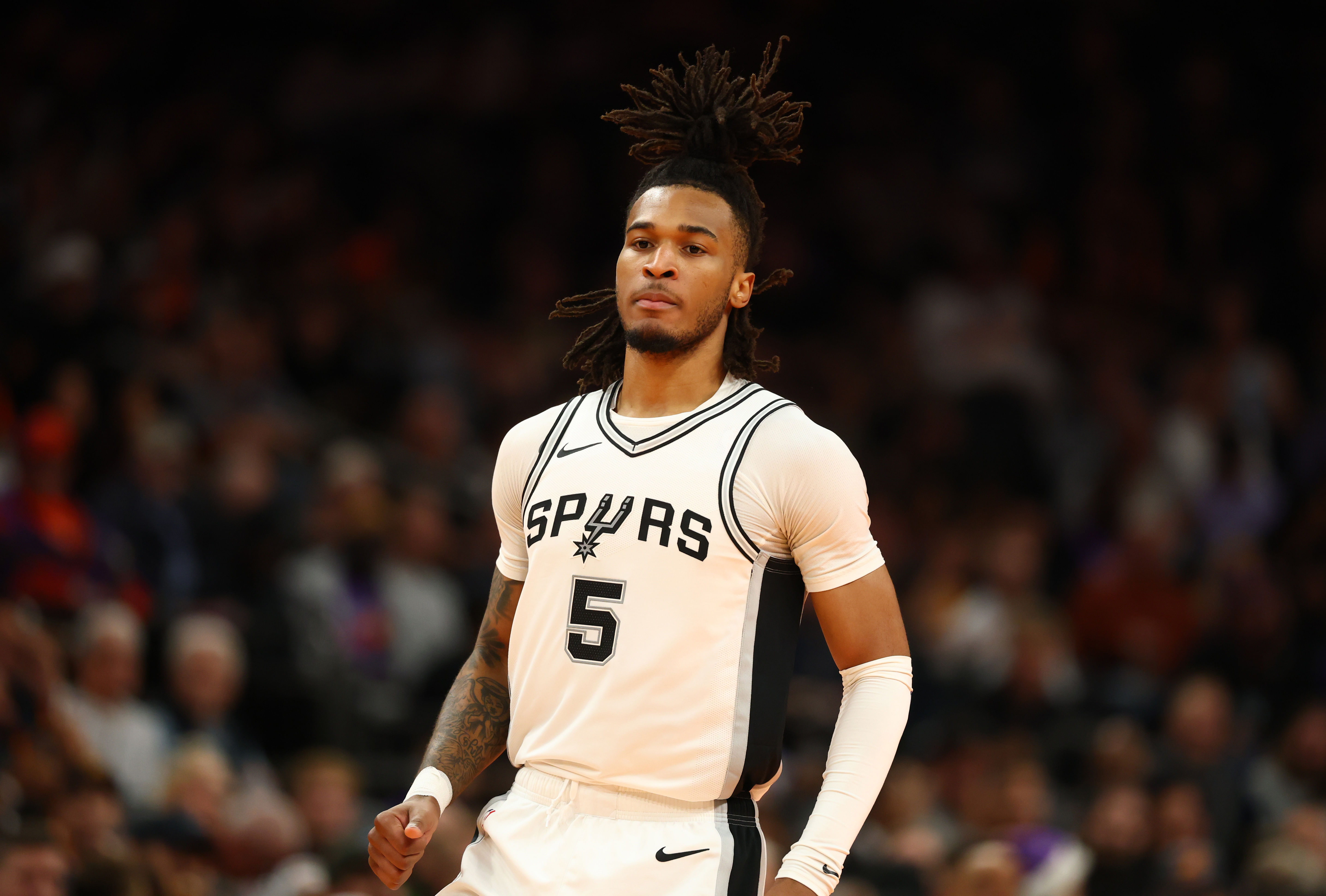 San Antonio Spurs guard Stephon Castle against the Phoenix Suns during an NBA Cup game at Footprint Center. Photo Credit: Imagn