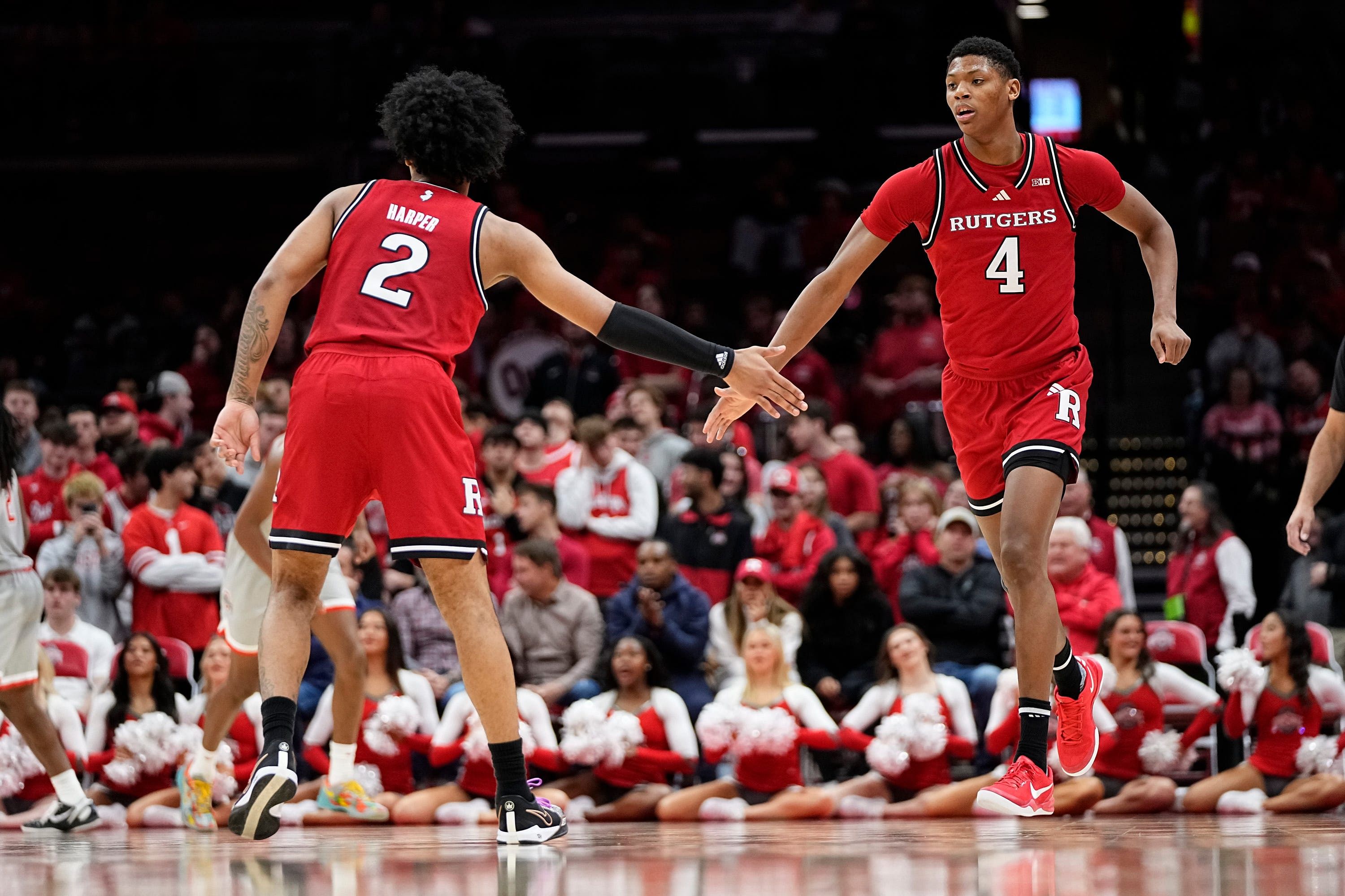 Rutgers Scarlet Knights&#039; Dylan Harper (#2) and Ace Bailey (#4) in action during the second half of their NCAA men&#039;s basketball game against the Ohio State Buckeyes. Photo: Imagn