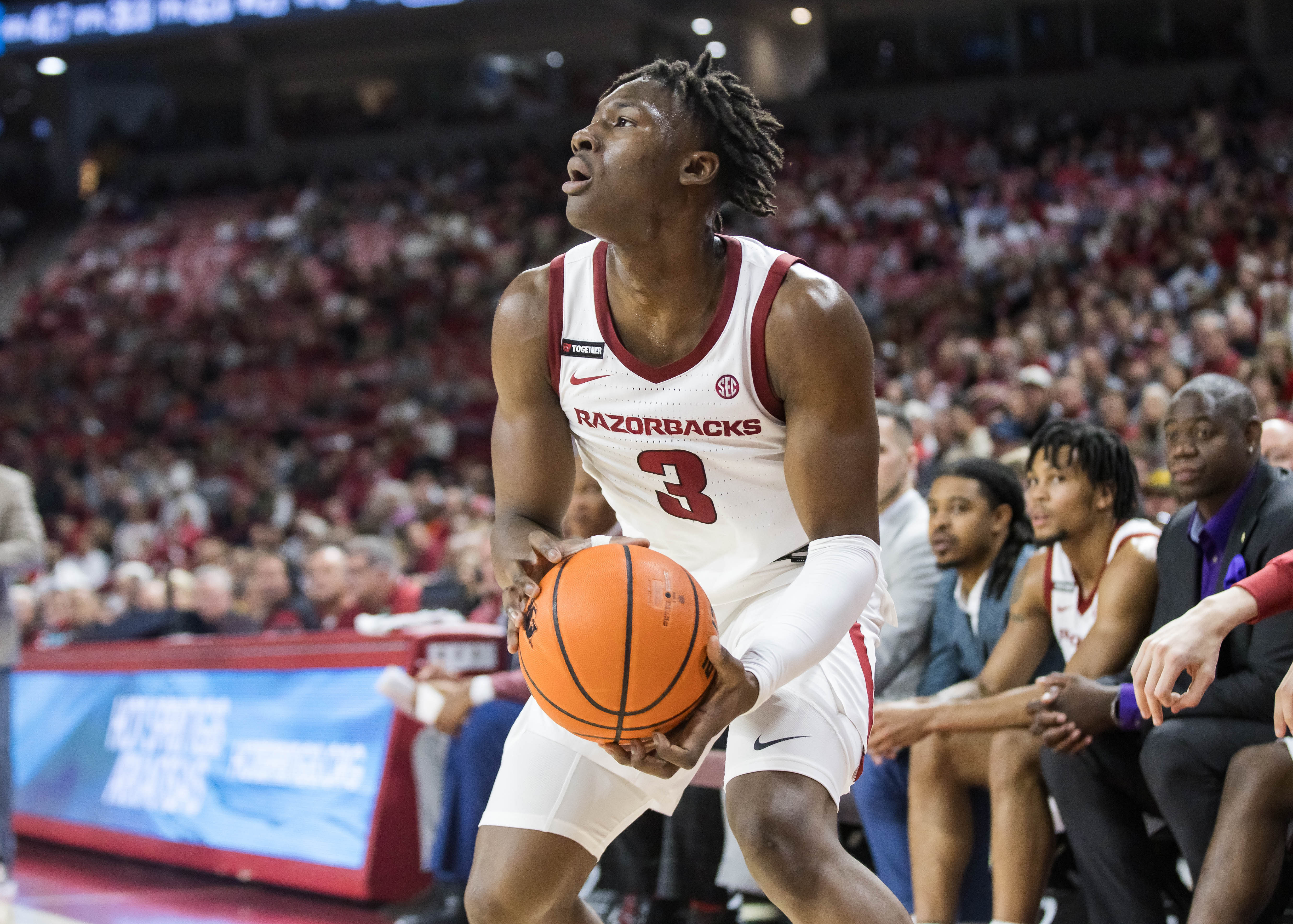 Arkansas Razorbacks forward Adou Thiero (3) gets ready to shoot the ball during the second half against the UTSA Roadrunners at Bud Walton Arena. Photo: Imagn