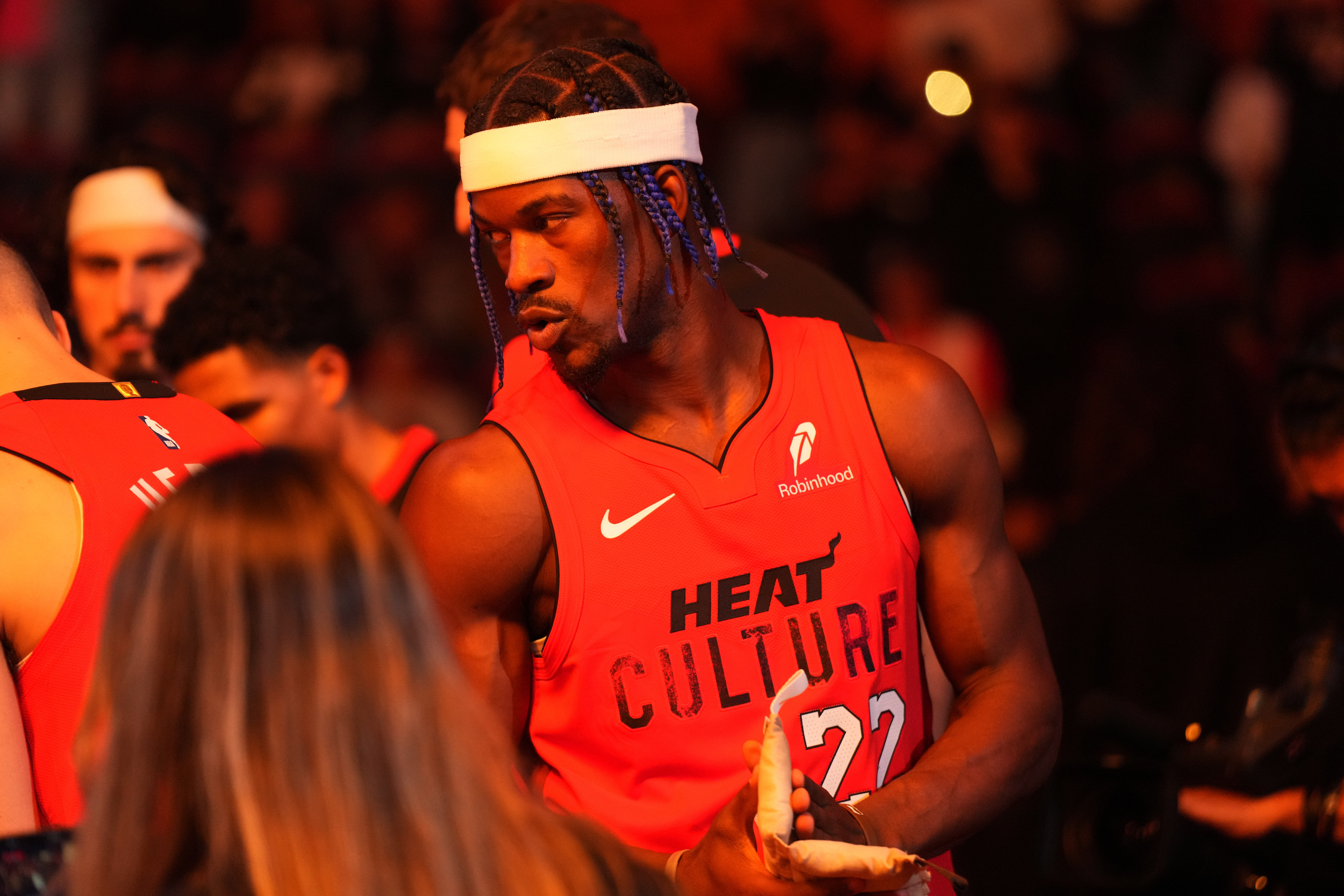 Miami Heat forward Jimmy Butler is introduced during pregame ceremonies before a game against the Phoenix Suns at Kaseya Center. Photo Credit: Imagn