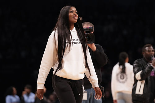 Los Angeles Sparks forward Rickea Jackson watches a free throw game during the showdown between the Connecticut Huskies and the Louisville Cardinals at Barclays Center. Photo: Imagn