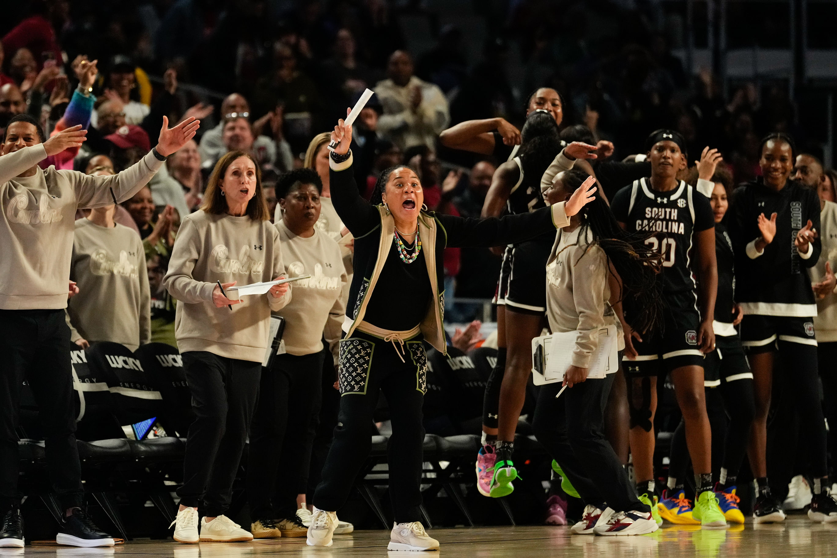 South Carolina Gamecocks head coach Dawn Staley reacts to a play against TCU during the first half at Dickies Arena. Photo: Imagn