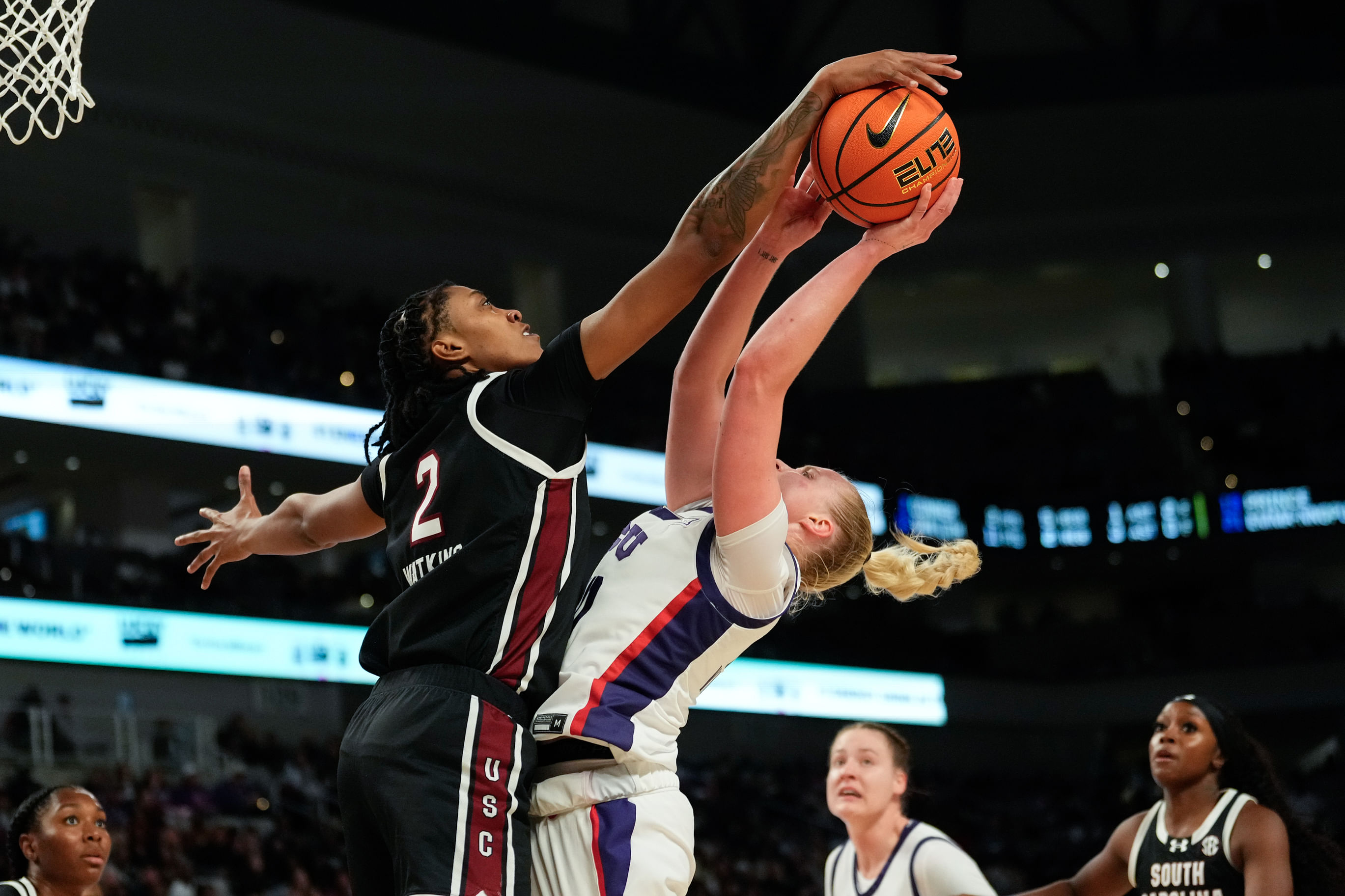 TCU Horned Frogs guard Hailey Van Lith (#10) has her shot blocked by South Carolina Gamecocks forward Ashlyn Watkins (2) during the second half at Dickies Arena. Photo: Imagn