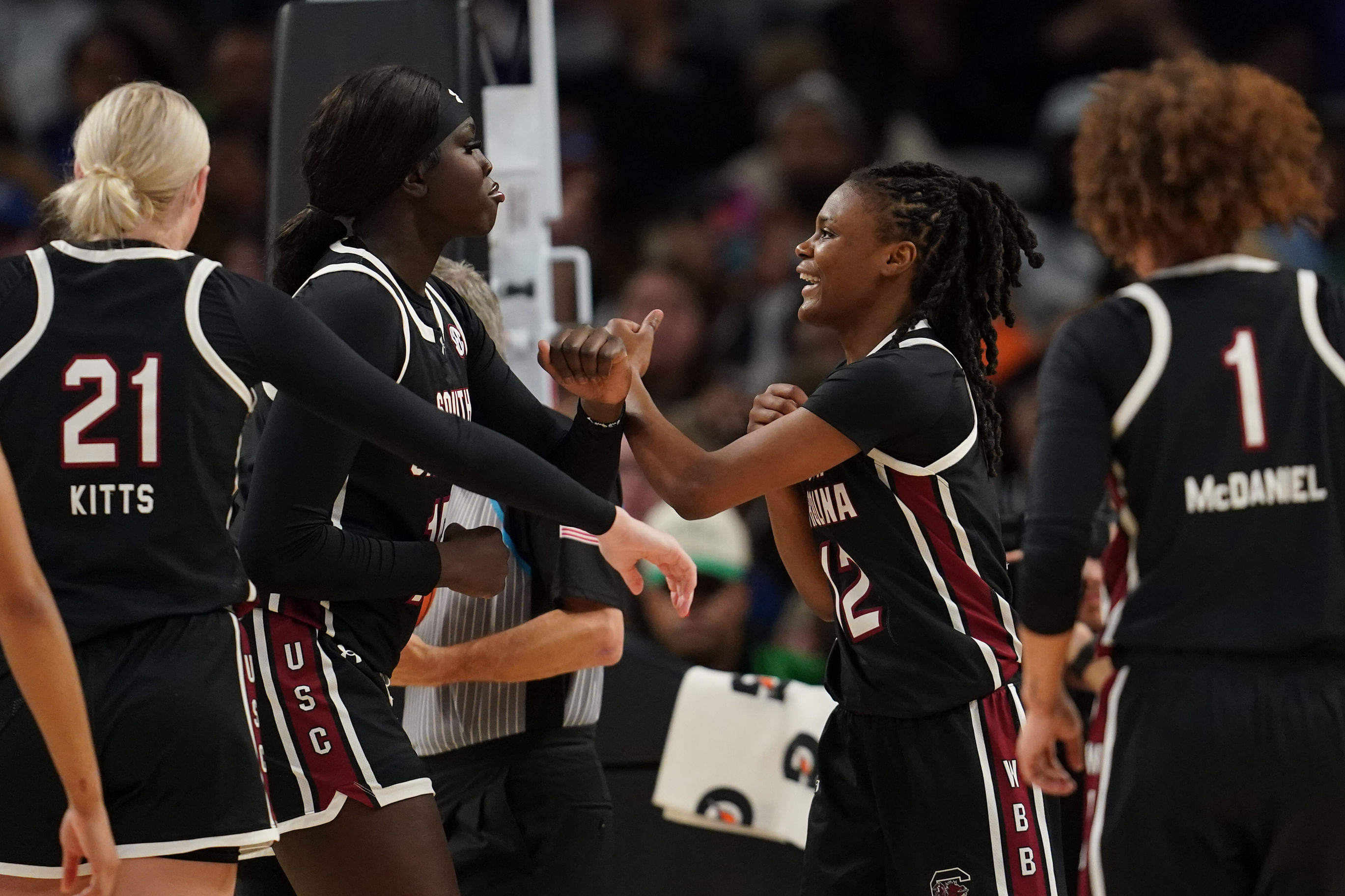 South Carolina Gamecocks guard MiLaysia Fulwiley (#12) reacts with teammates after scoring a basket against the TCU Horned Frogs during the second half at Dickies Arena. Photo: Imagn