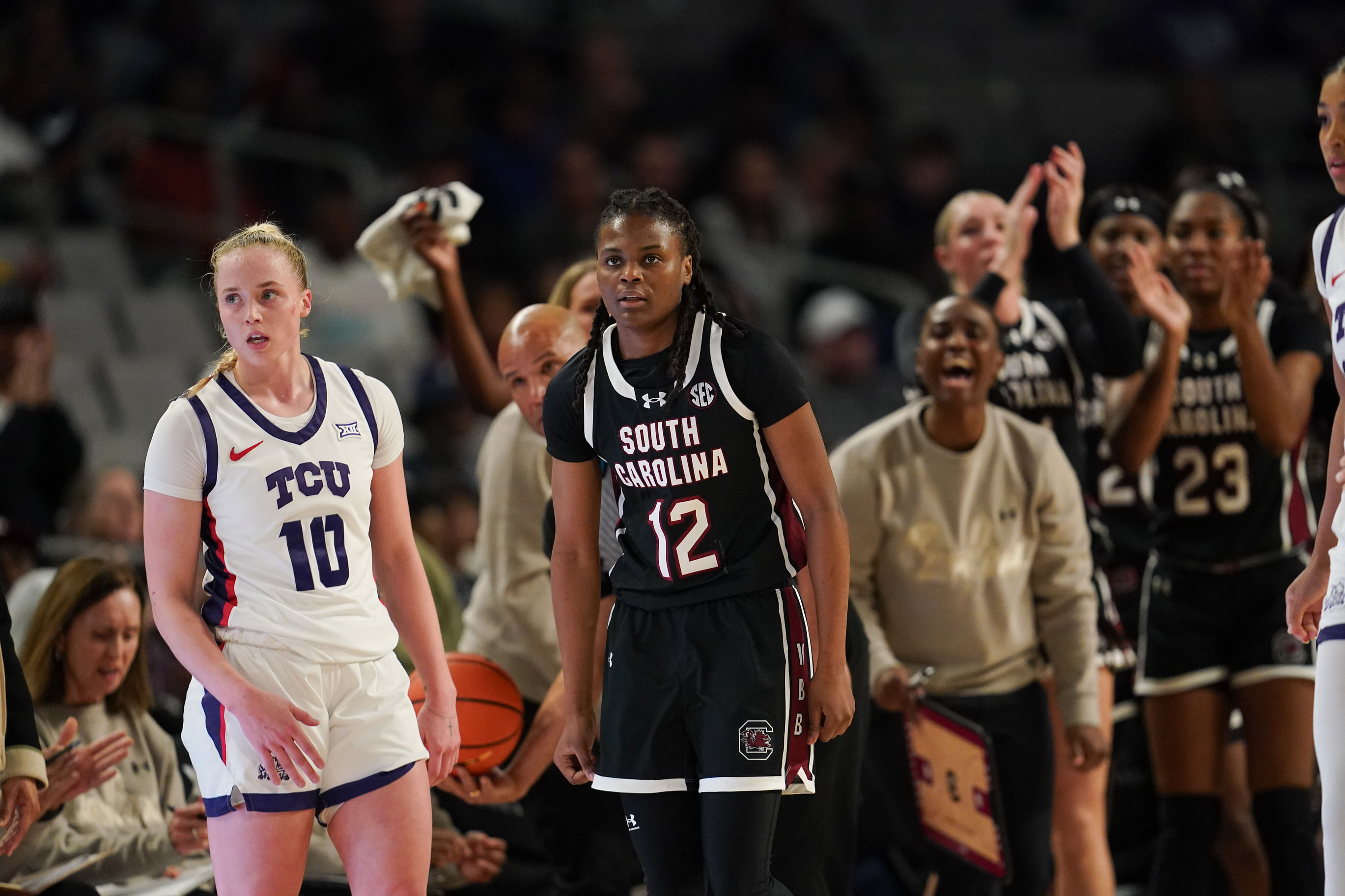 South Carolina Gamecocks guard MiLaysia Fulwiley (12) reacts after scoring a basket against the TCU Horned Frogs during the second half at Dickies Arena. Photo: Imagn