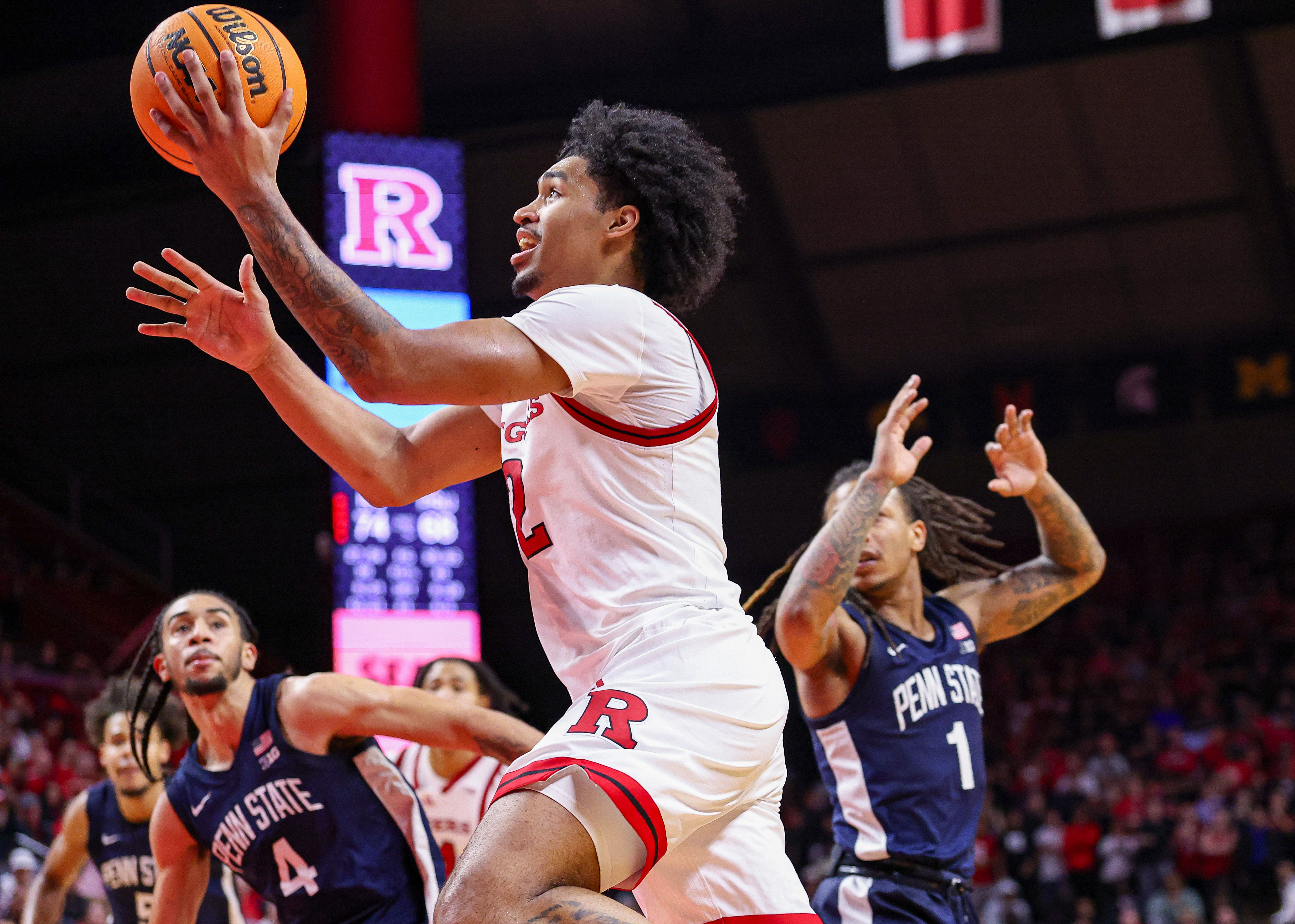 Rutgers' Dylan Harper (2) drives to the basket in the game against Penn State. Photo: Imagn