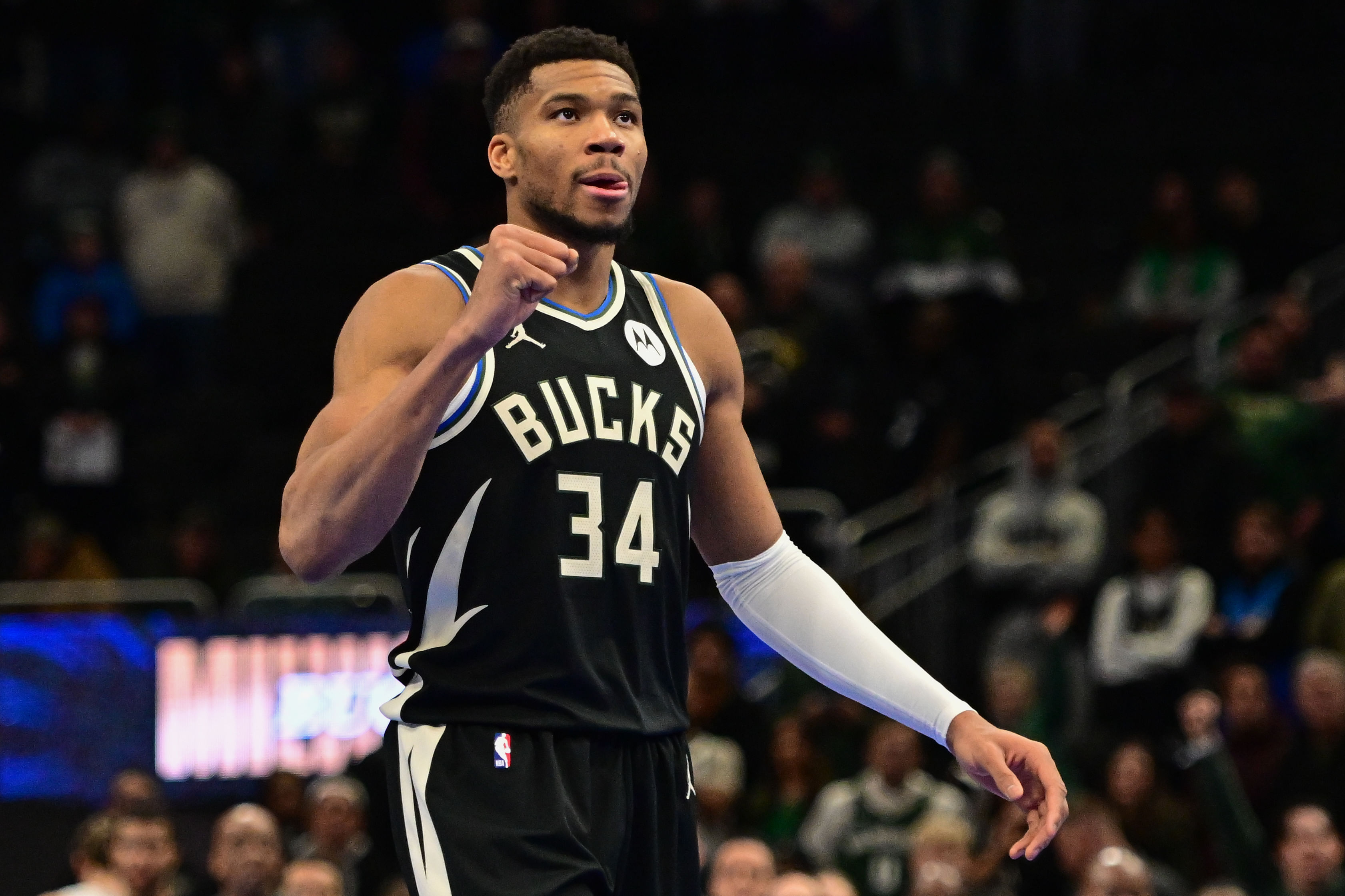 Milwaukee Bucks forward Giannis Antetokounmpo reacts after the Bucks defeated the Orlando Magic at Fiserv Forum. Photo Credit: Imagn