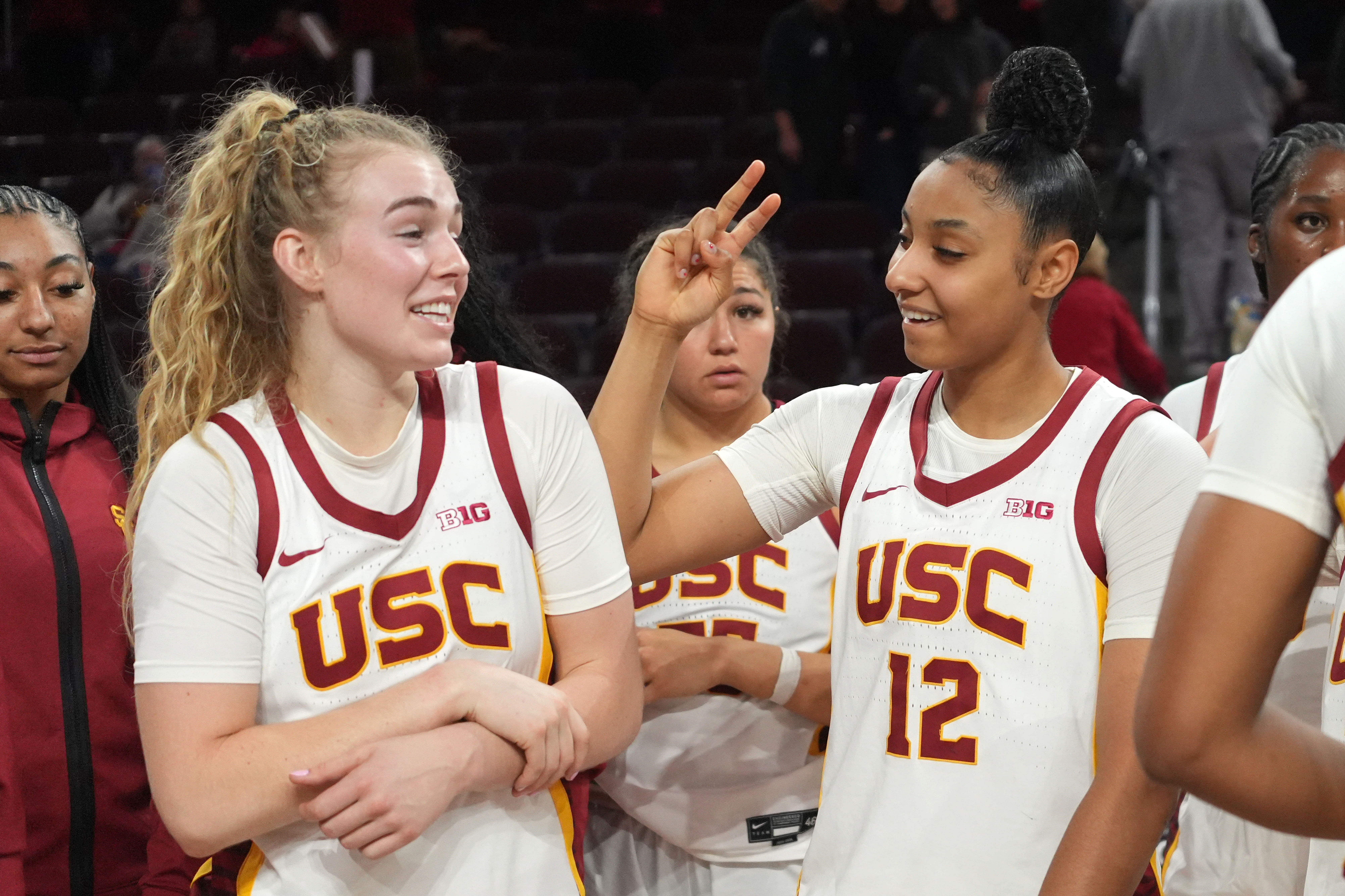 USC Trojans guard JuJu Watkins (#12) and guard Avery Howell (#23) celebrate after the win against the Fresno State Bulldogs at Galen Center. Photo: Imagn