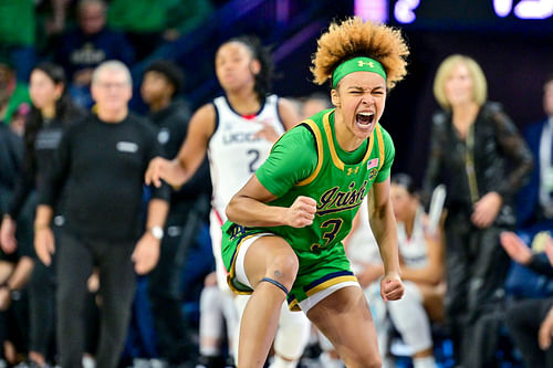 Notre Dame Fighting Irish guard Hannah Hidalgo (#3) celebrates after a basket in the first half against the Connecticut Huskies at the Purcell Pavilion. Photo: Imagn