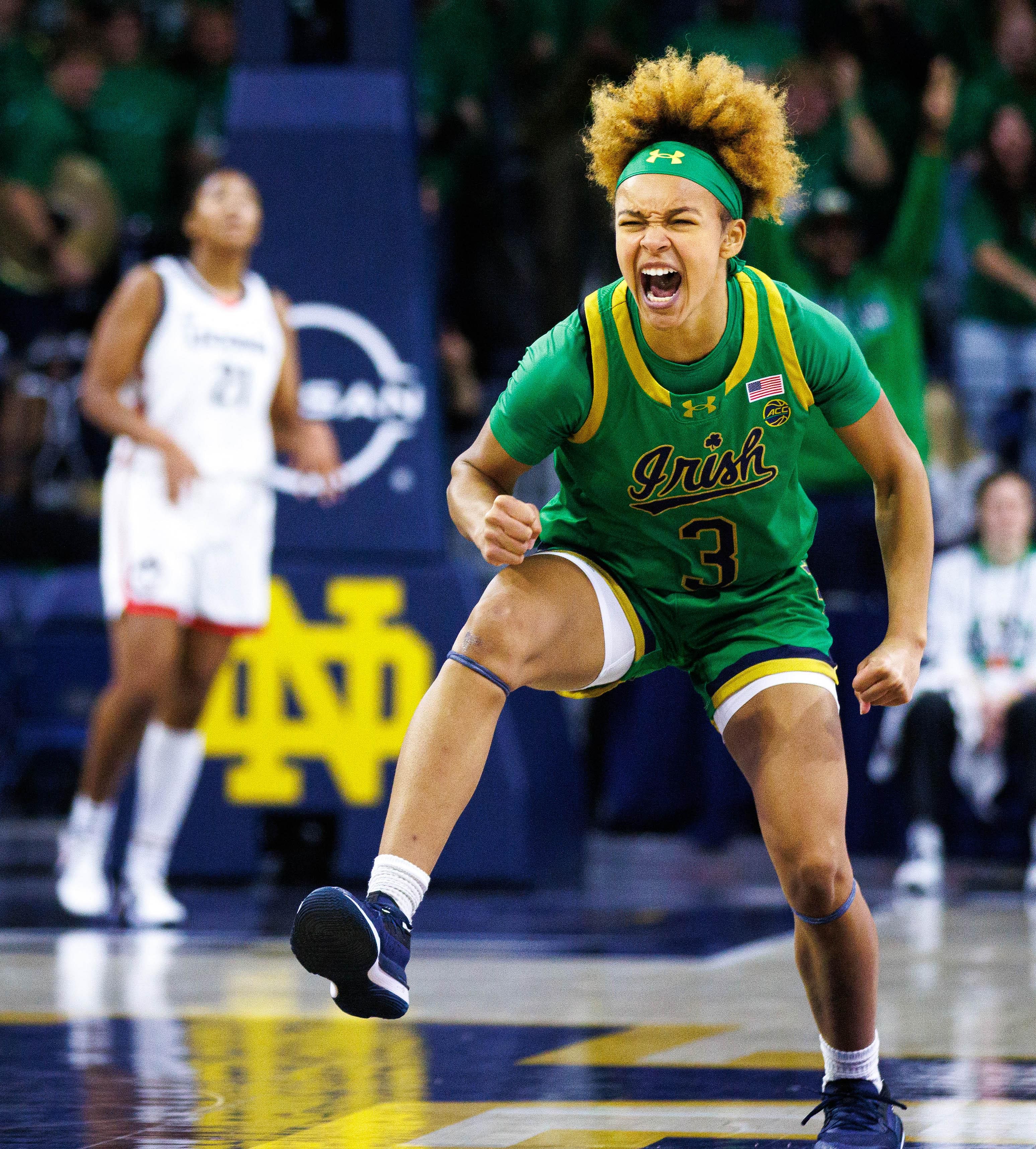 Guard Hannah Hidalgo celebrates scoring a three point shot during a NCAA women&#039;s basketball game between Notre Dame and UConn at Purcell Pavilion on Thursday, Dec. 12, 2024, in South Bend. - Source: Imagn