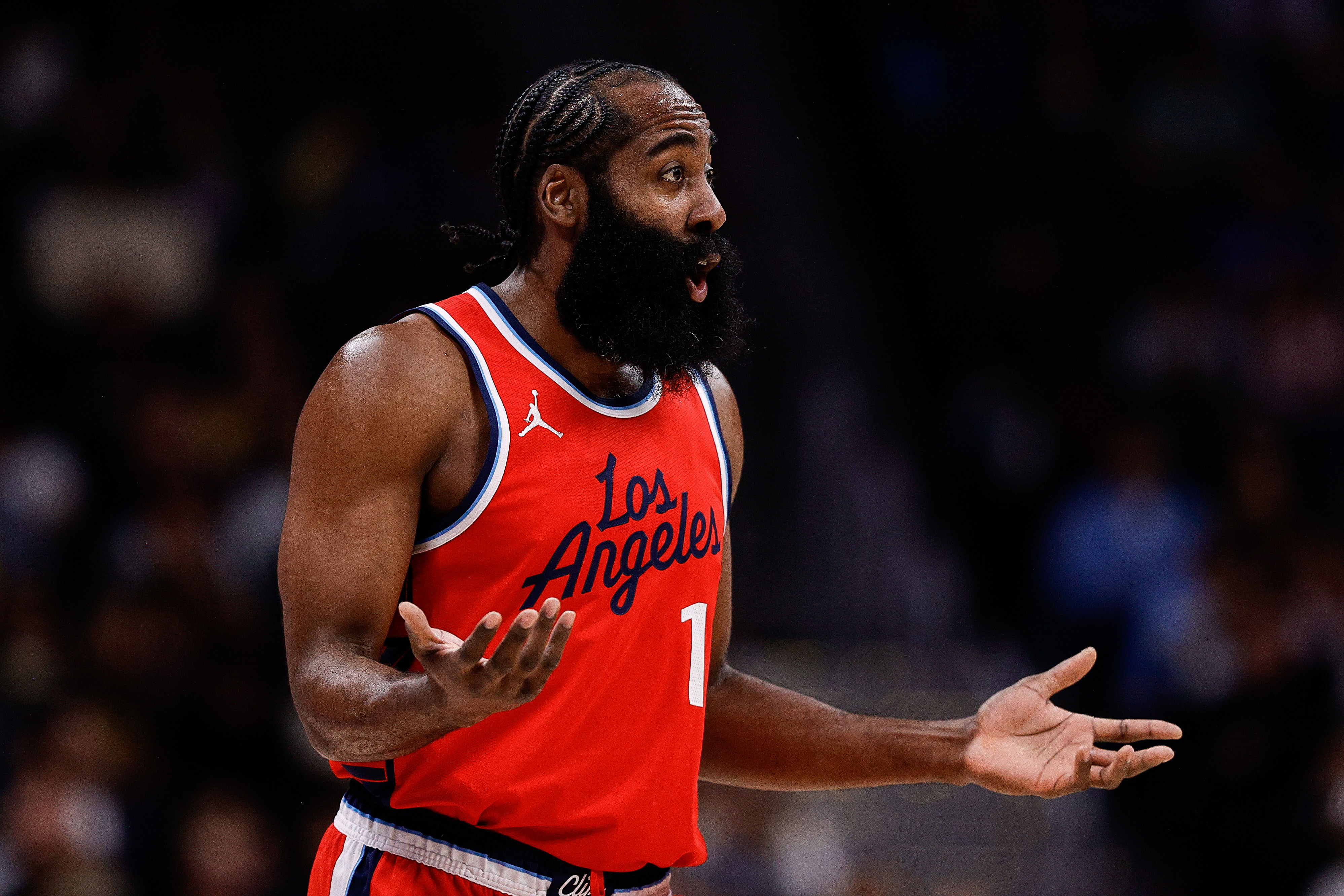 Dec 13, 2024; Denver, Colorado, USA; Los Angeles Clippers guard James Harden (1) reacts in the first quarter against the Denver Nuggets at Ball Arena. Mandatory Credit: Isaiah J. Downing-Imagn Images - Source: Imagn