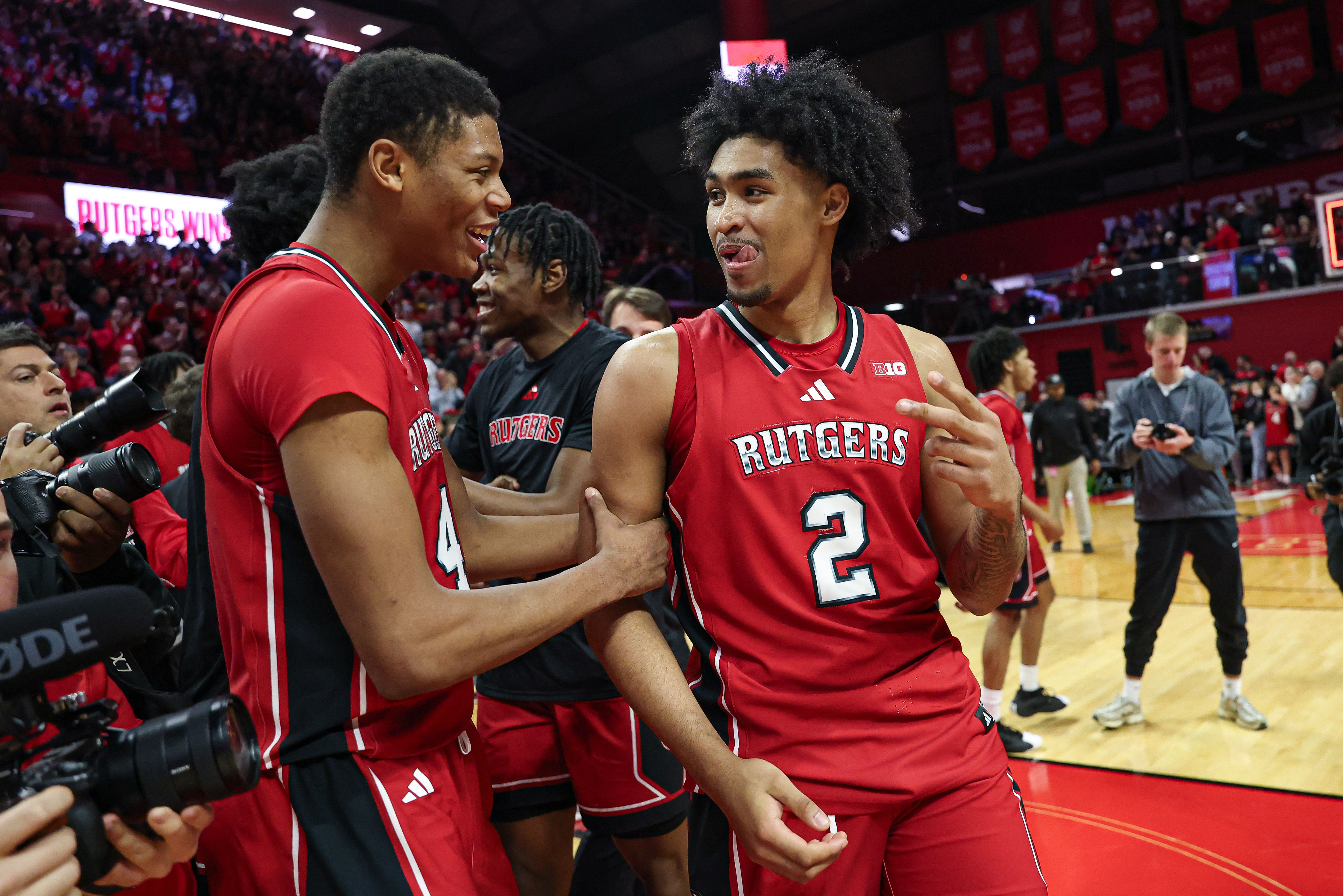 Rutgers Scarlet Knights guard Dylan Harper (#2) and guard Ace Bailey (#4) celebrate after defeating the Seton Hall Pirates at Jersey Mike's Arena. Photo: Imagn