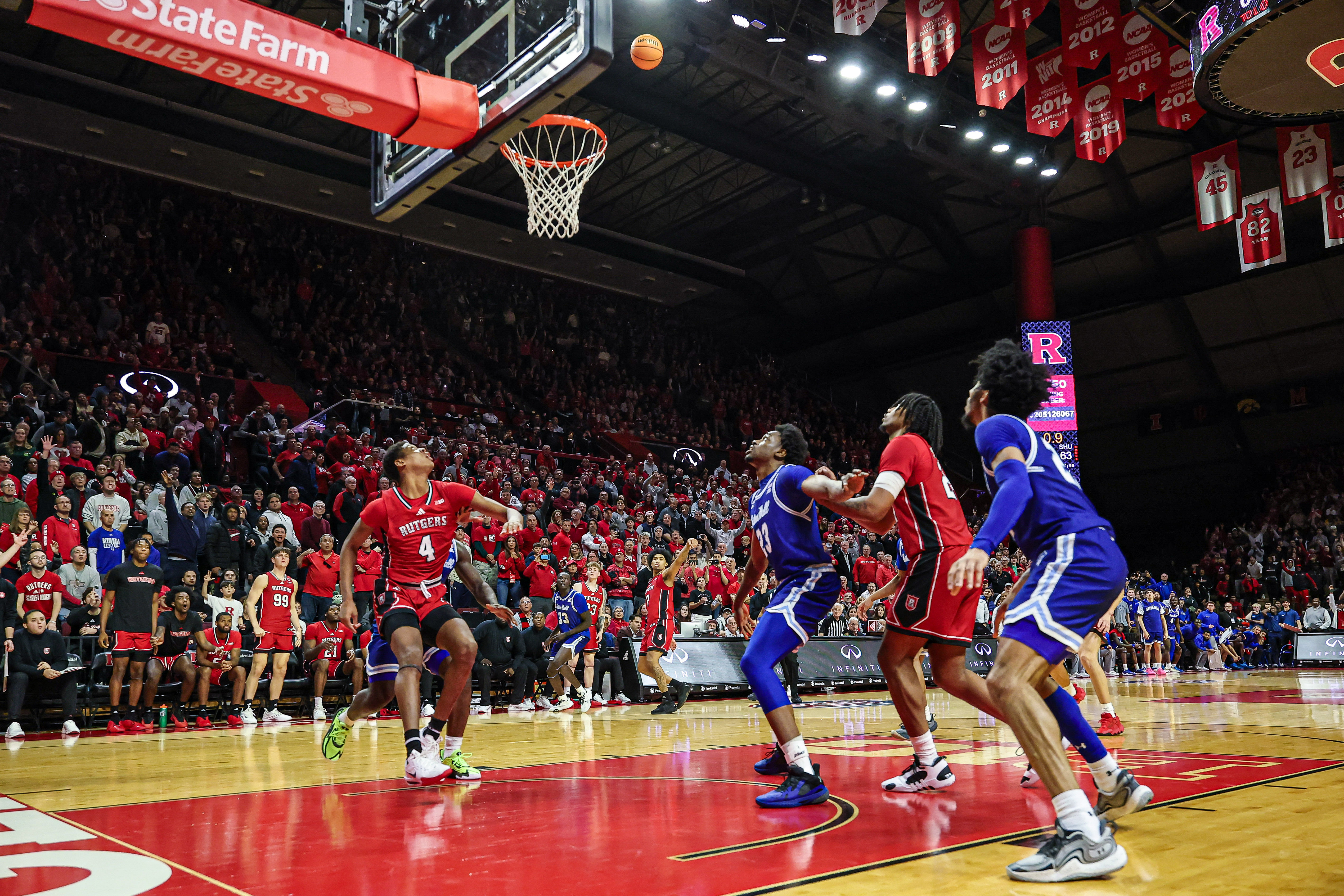 Rutgers Scarlet Knights guard Dylan Harper (2) makes the game-winning three-point basket during the second half against the Seton Hall Pirates at Jersey Mike&#039;s Arena. Photo: Imagn