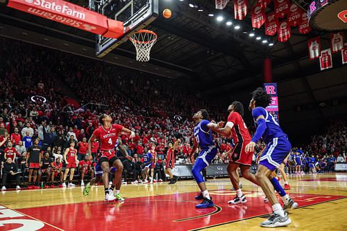 Rutgers Scarlet Knights guard Dylan Harper (2) makes the game-winning three-point basket during the second half against the Seton Hall Pirates at Jersey Mike's Arena. Photo: Imagn