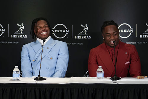 Dec 14, 2024; New York, NY, USA; Colorado Buffaloes wide receiver/cornerback Travis Hunter, left, smiles alongside Boise State Broncos running back Ashton Jeanty - Source: Imagn