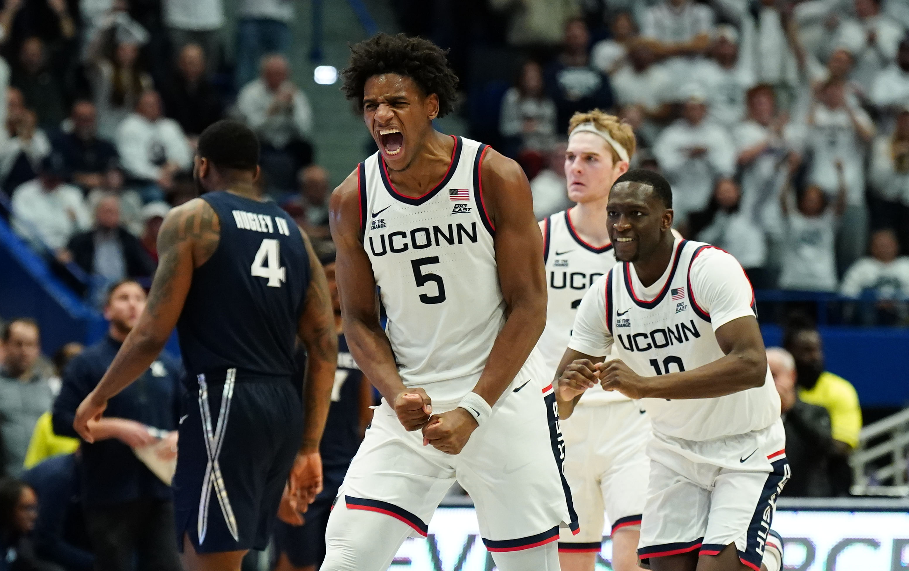 UConn Huskies center Tarris Reed Jr. (#5) reacts after a play against the Xavier Musketeers in the second half of their NCAA basketball game at Harry A. Gampel Pavilion on Dec. 18, 2024. Photo: Imagn