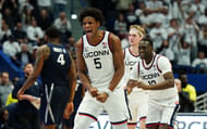 UConn Huskies center Tarris Reed Jr. (#5) reacts after a play against the Xavier Musketeers in the second half of their NCAA basketball game at Harry A. Gampel Pavilion on Dec. 18, 2024. Photo: Imagn