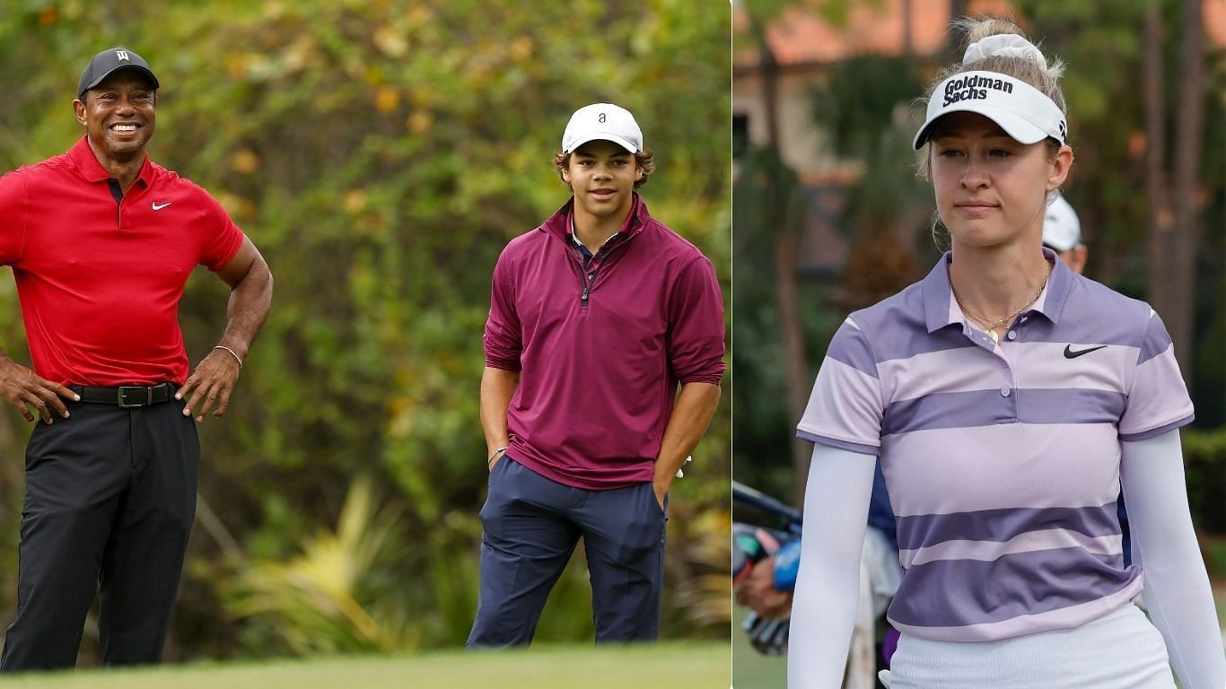 Tiger Woods and Charlie Woods watch Nelly Korda tee off. Image via Getty and IMAGN