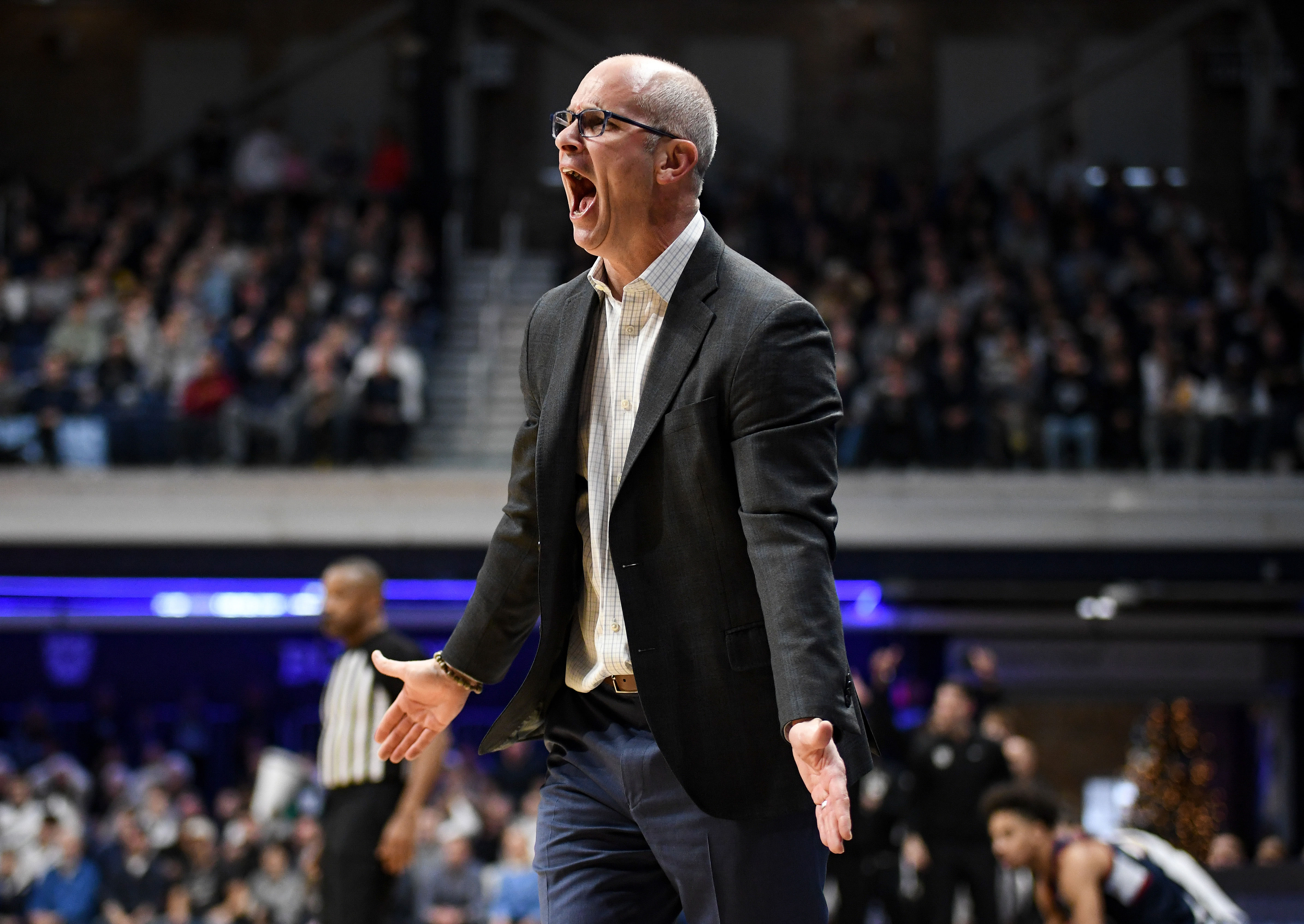 UConn Huskies head coach Dan Hurley reacts to a call during the first half of their NCAA game against the Butler Bulldogs at Hinkle Fieldhouse. Photo: Imagn