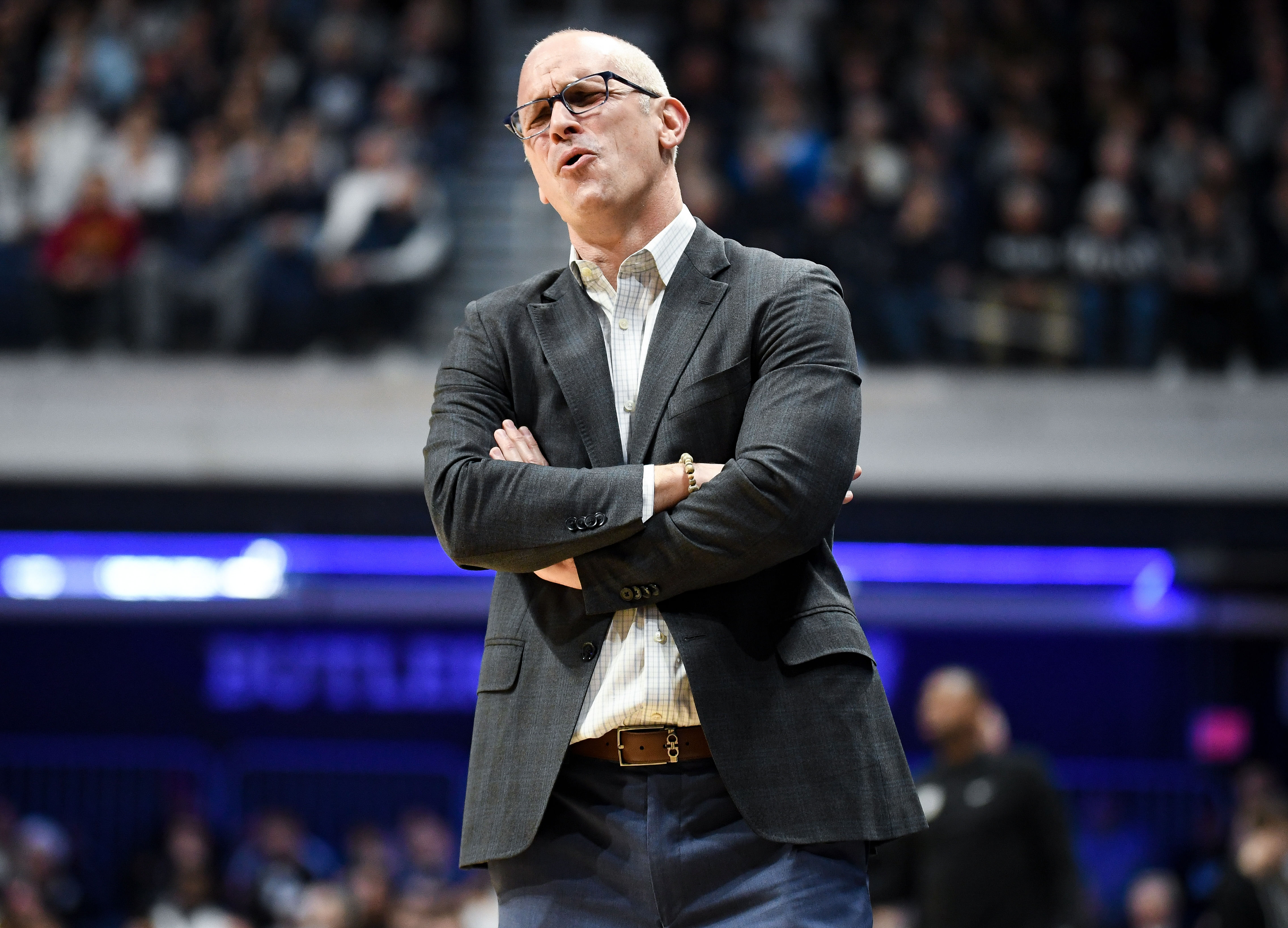 Connecticut Huskies head coach Dan Hurley reacts to a play during the first half of their NCAA basketball game against the Butler Bulldogs at Hinkle Fieldhouse. Photo: Imagn