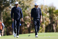 Tiger Woods and Charlie Woods walk to the third green during the PNC Championship - Source: Imagn