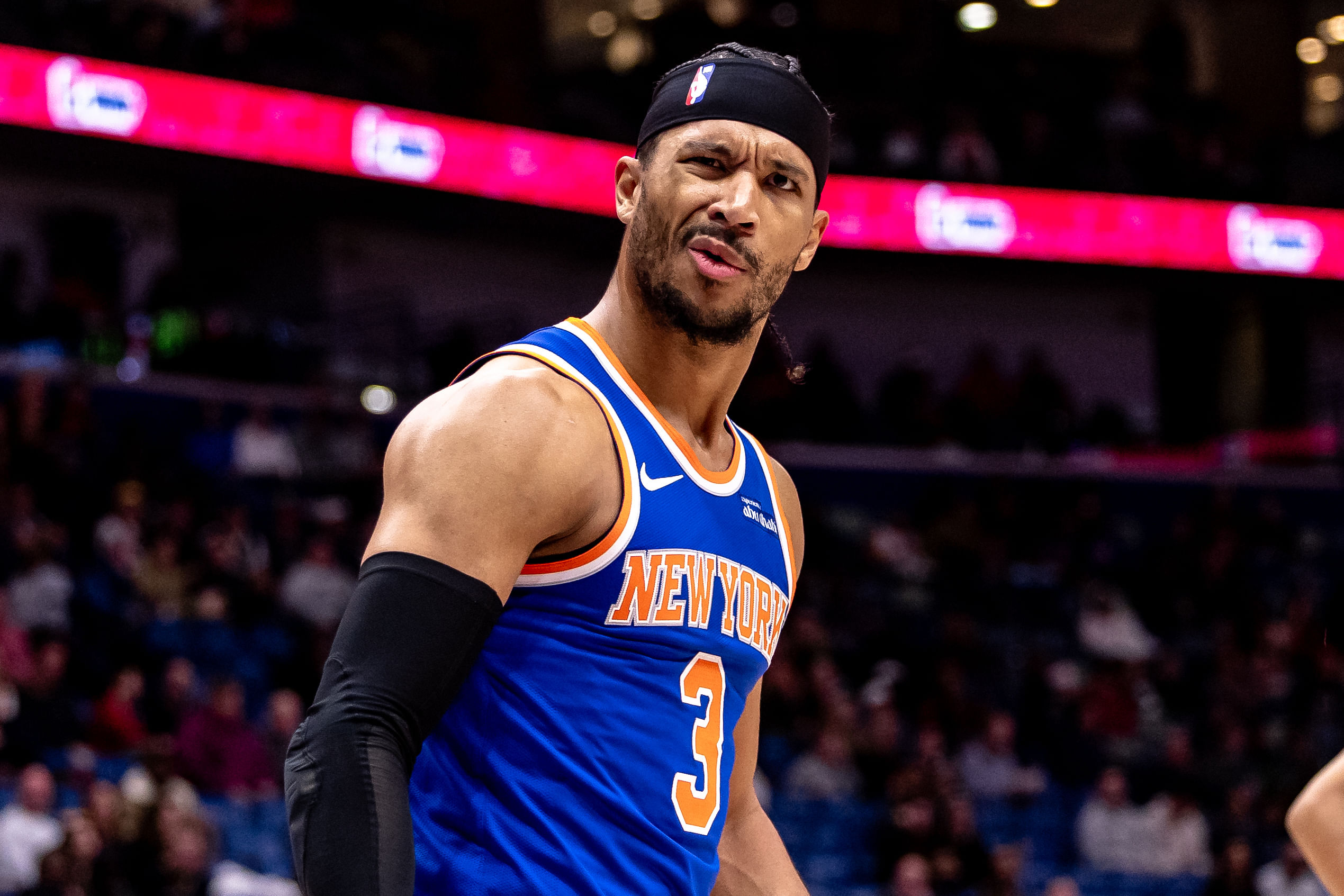 New York Knicks guard Josh Hart (3) against the New Orleans Pelicans during the first half at Smoothie King Center.  - Source: Imagn