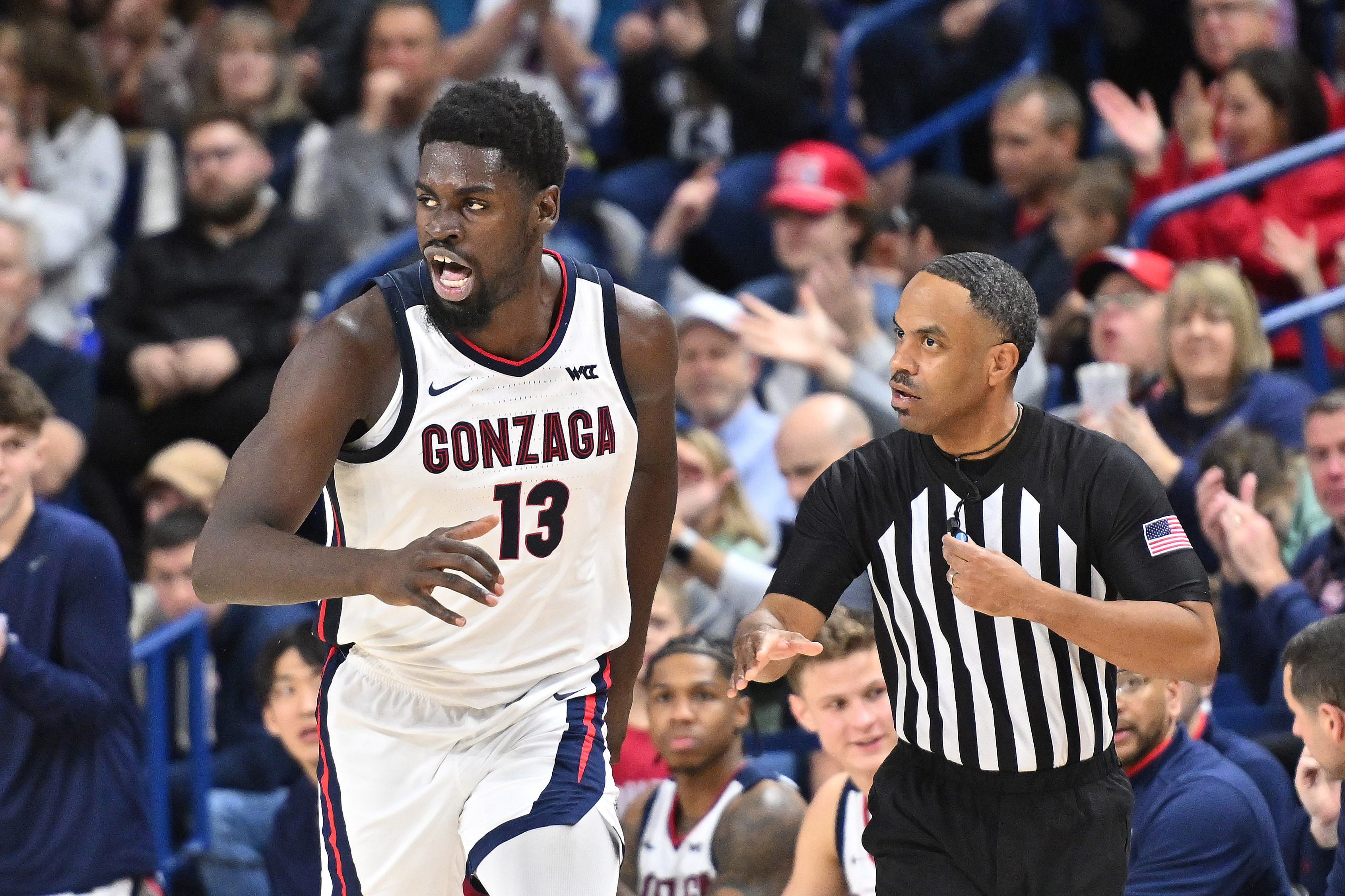 Gonzaga Bulldogs forward Graham Ike (#13) reacts after a basket against the Bucknell Bison in the second half of their NCAA game at McCarthey Athletic Center (Credits: IMAGN)