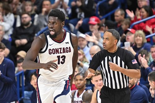 Gonzaga Bulldogs forward Graham Ike (#13) reacts after a basket against the Bucknell Bison in the second half of their NCAA game at McCarthey Athletic Center (Credits: IMAGN)