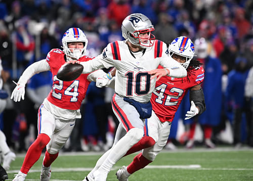 New England Patriots Drake Maye gets ready to throw a pass to a receiver during first half action at Highmark Stadium where the Buffalo Bills hosted the New England Patriots - Source: Imagn