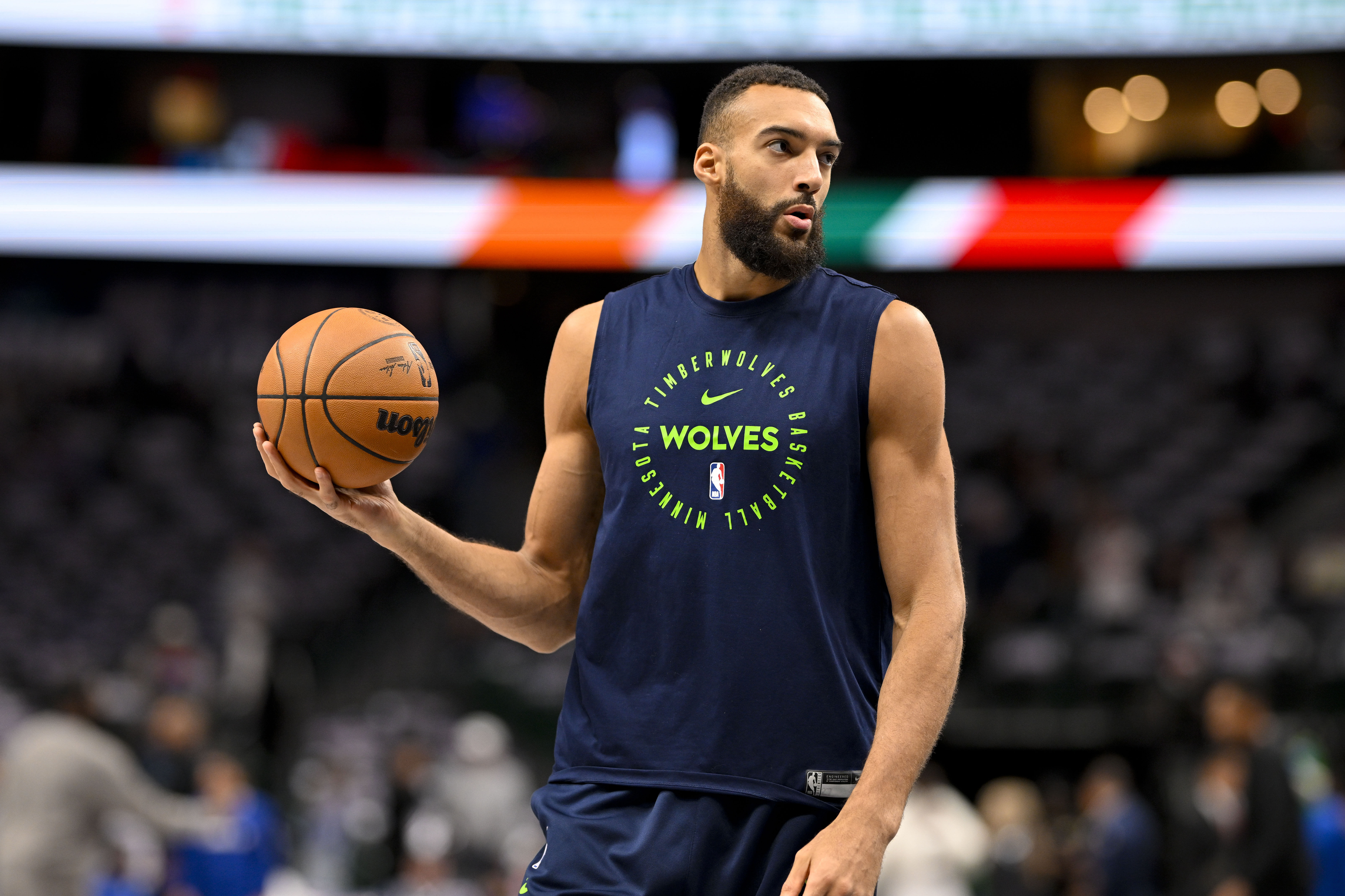 Dec 25, 2024; Dallas, Texas, USA; Minnesota Timberwolves center Rudy Gobert (27) warms up before the game between the Dallas Mavericks and the Minnesota Timberwolves at the American Airlines Center. Mandatory Credit: Jerome Miron-Imagn Images - Source: Imagn