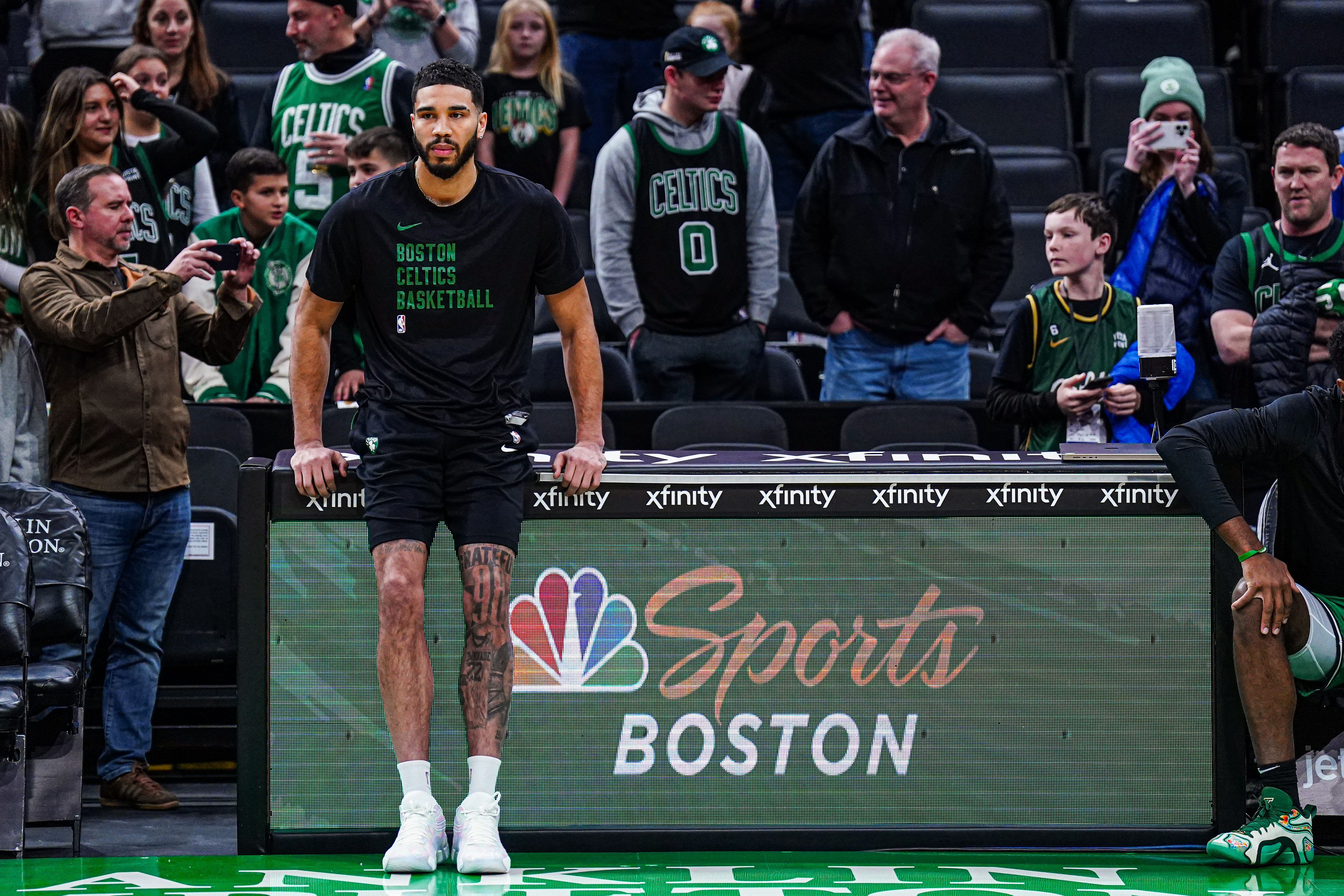 Dec 27, 2024; Boston, Massachusetts, USA; Boston Celtics forward Jayson Tatum (0) warms up before the start of the game against the Indiana Pacers at TD Garden. Mandatory Credit: David Butler II-Imagn Images - Source: Imagn