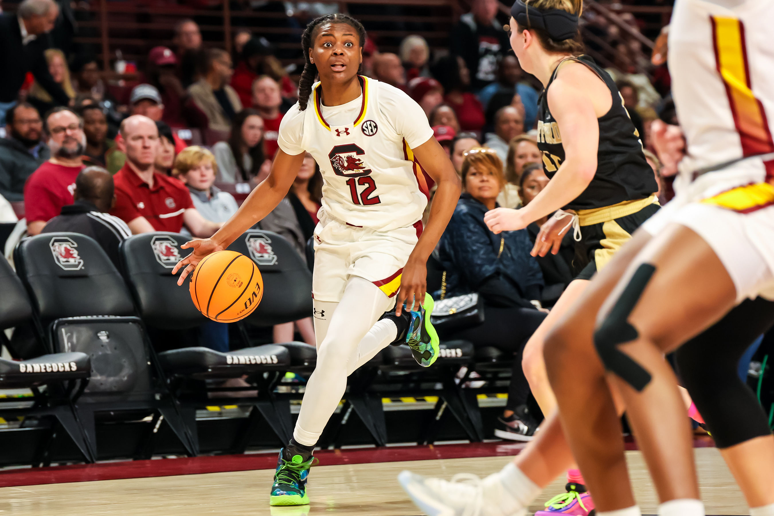 South Carolina Gamecocks guard MiLaysia Fulwiley (12) drives against the Wofford Terriers in the first half - Source: Imagn