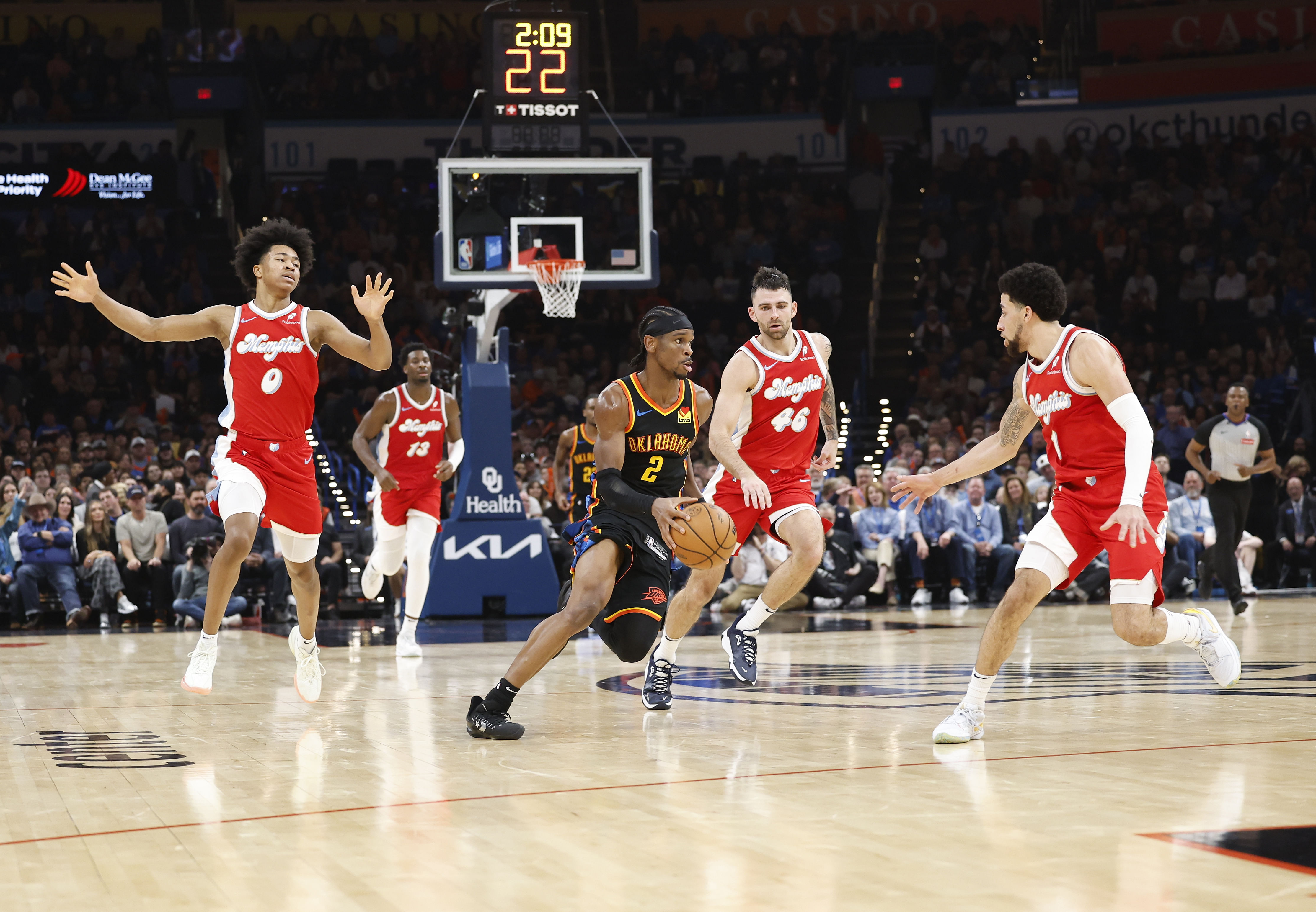 Oklahoma City Thunder guard Shai Gilgeous-Alexander (2) dribbles the ball down the court against the Memphis Grizzlies during the second quarter at Paycom Center. Mandatory Credit: Alonzo Adams-Imagn Images