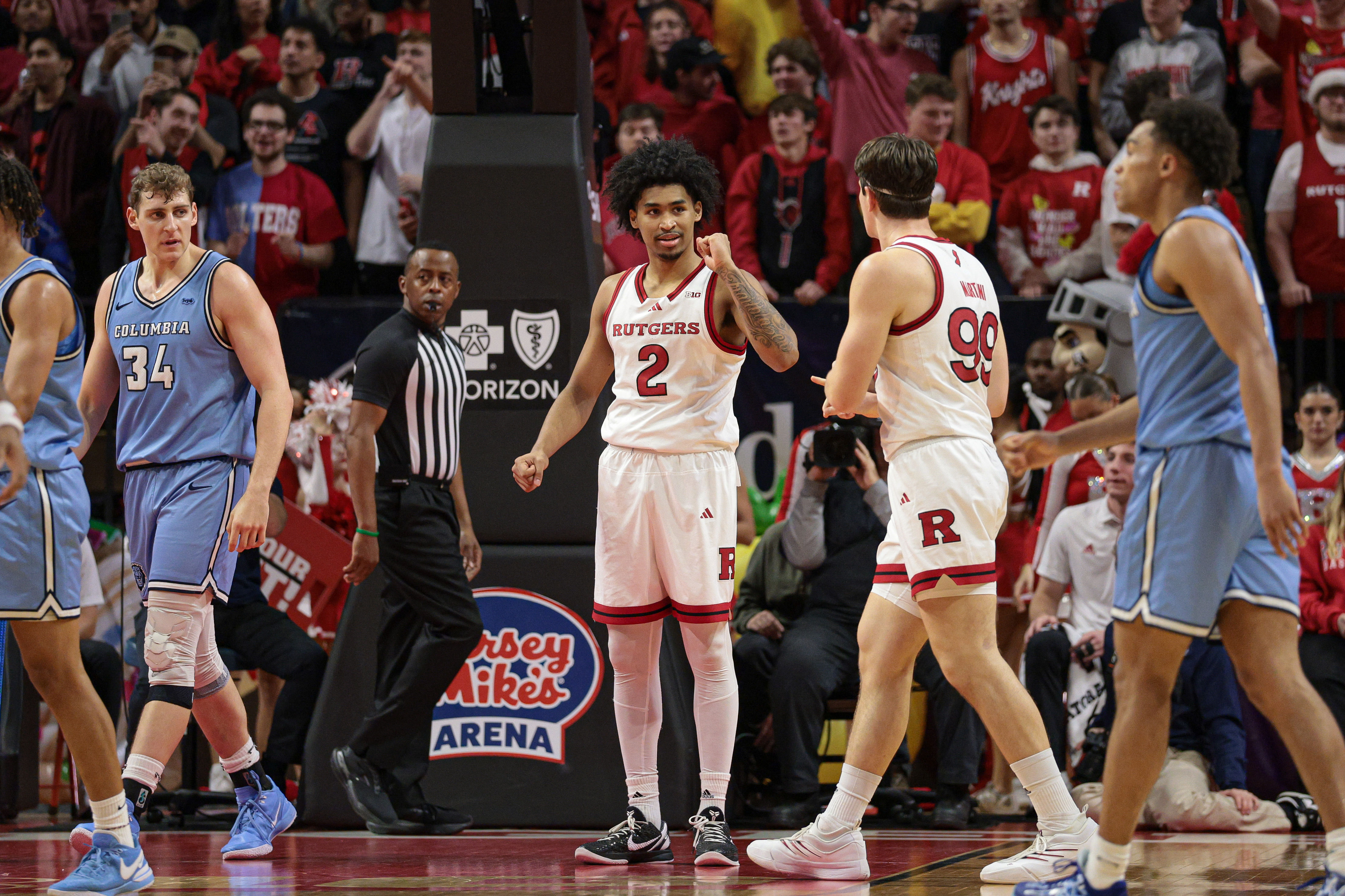 Rutgers Scarlet Knights guard Dylan Harper (#2) celebrates during the second half after recording a triple-double against the Columbia Lions at Jersey Mike&#039;s Arena. Photo: Imagn