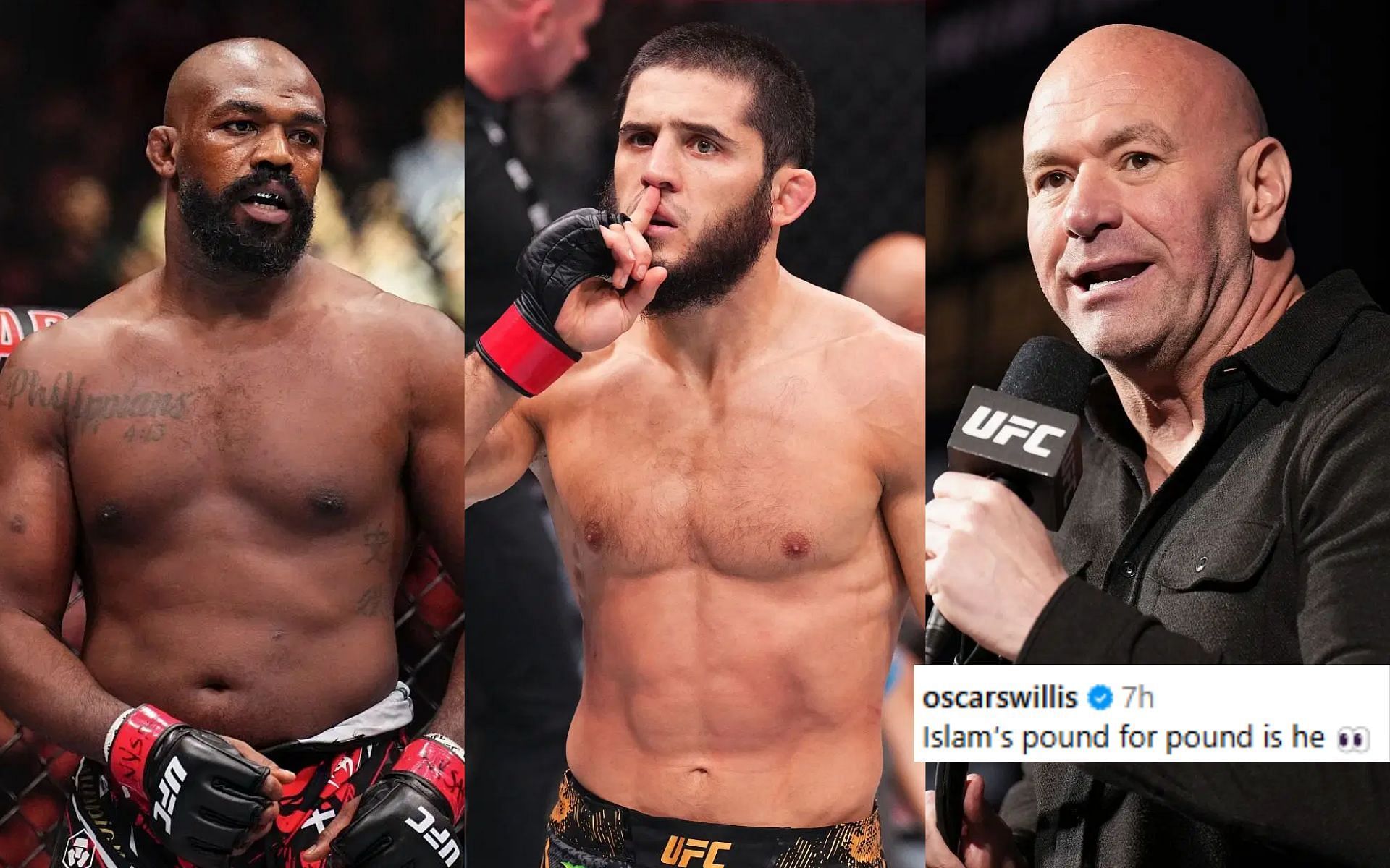 Dana White (right) hails Islam Makhachev (middle) P4P no.1 over Jon Jones (left) sends fans wild [Images courtesy: Getty Images]