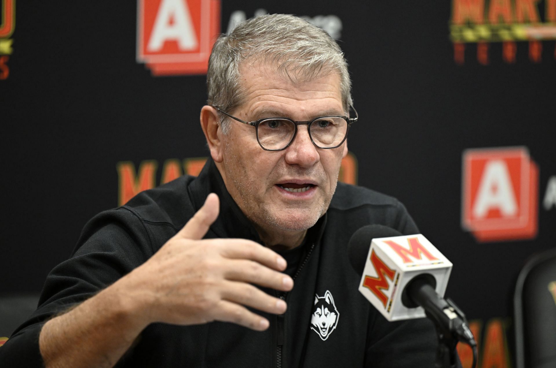 Head coach Geno Auriemma of the UConn Huskies talks to the media after the game against the Maryland Terrapins at Xfinity Center on December 11, 2022 in College Park, Maryland. Photo: Getty