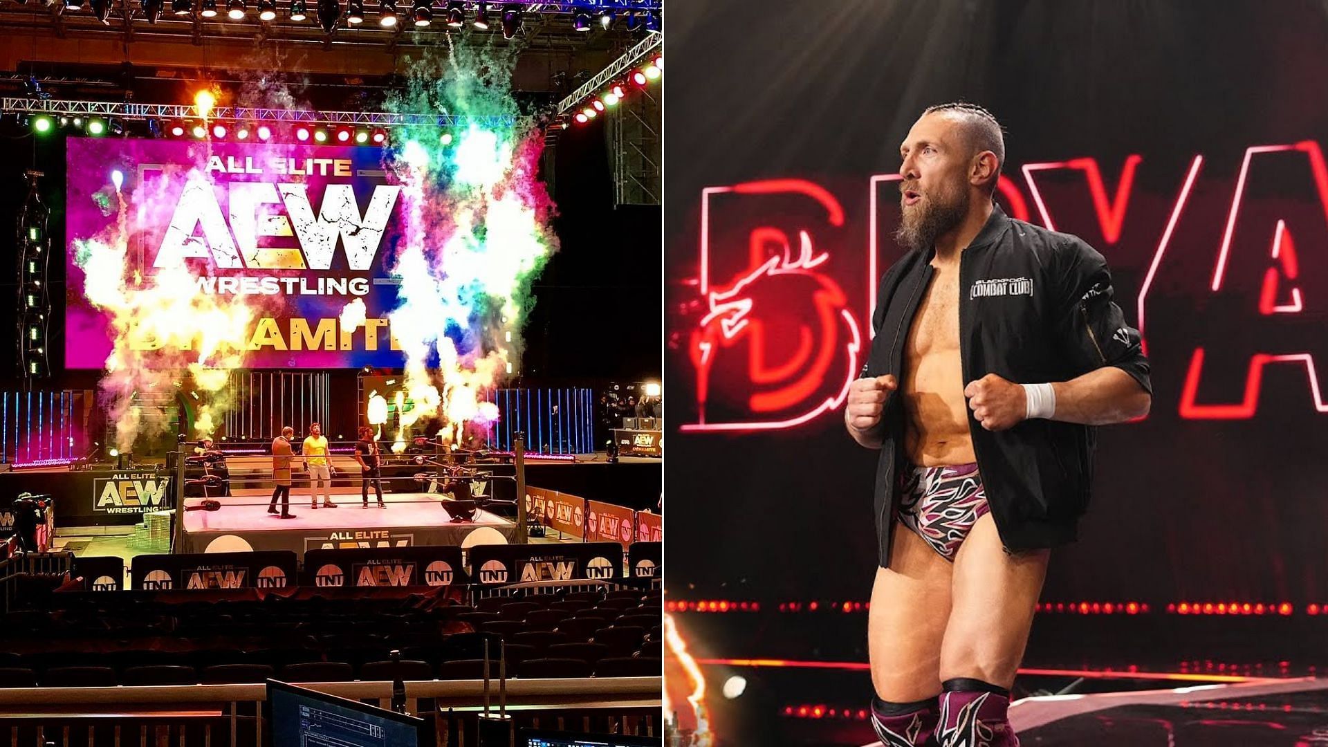 AEW arena (left) and Bryan Danielson (right). (Image credits: AEW Facebook page &amp; AEW YouTube channel)