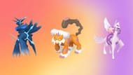 Origin Forme Dialga, Therian Forme Landorus, and Origin Forme Palkia (Image via TPC)