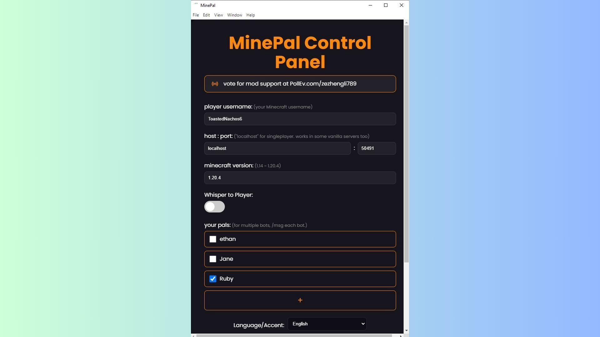 Control the Minecraft Minepal mod from the dedicated control panel (Image via Mojang Studios, Minepal)