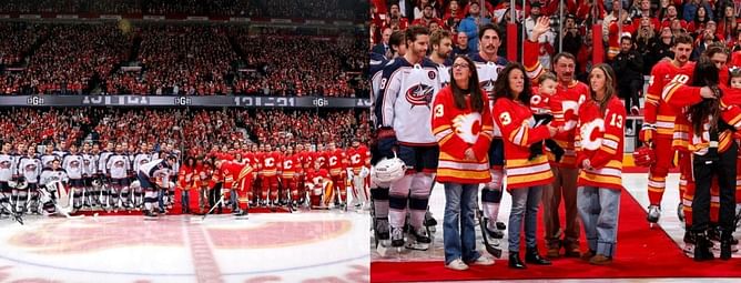 Watch: Johnny Gaudreau's parents, Sean Monahan unable to hold back tears during emotional ceremonial puck drop