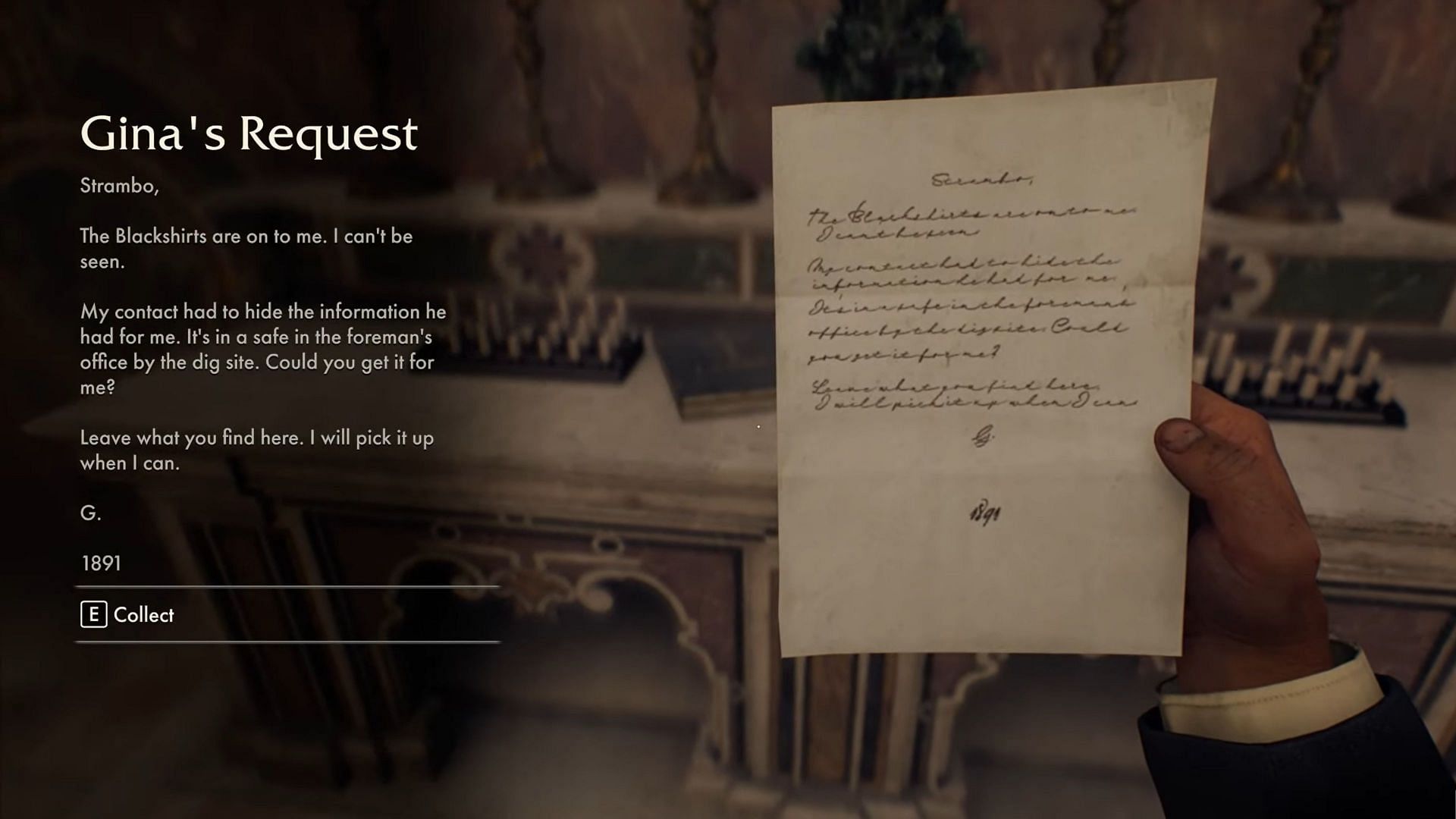 The note from Gina asking for help can be found inside a Bible on the Sistine Chapel altar (Image via Bethesda/ YouTube@ Game Guides Channel)