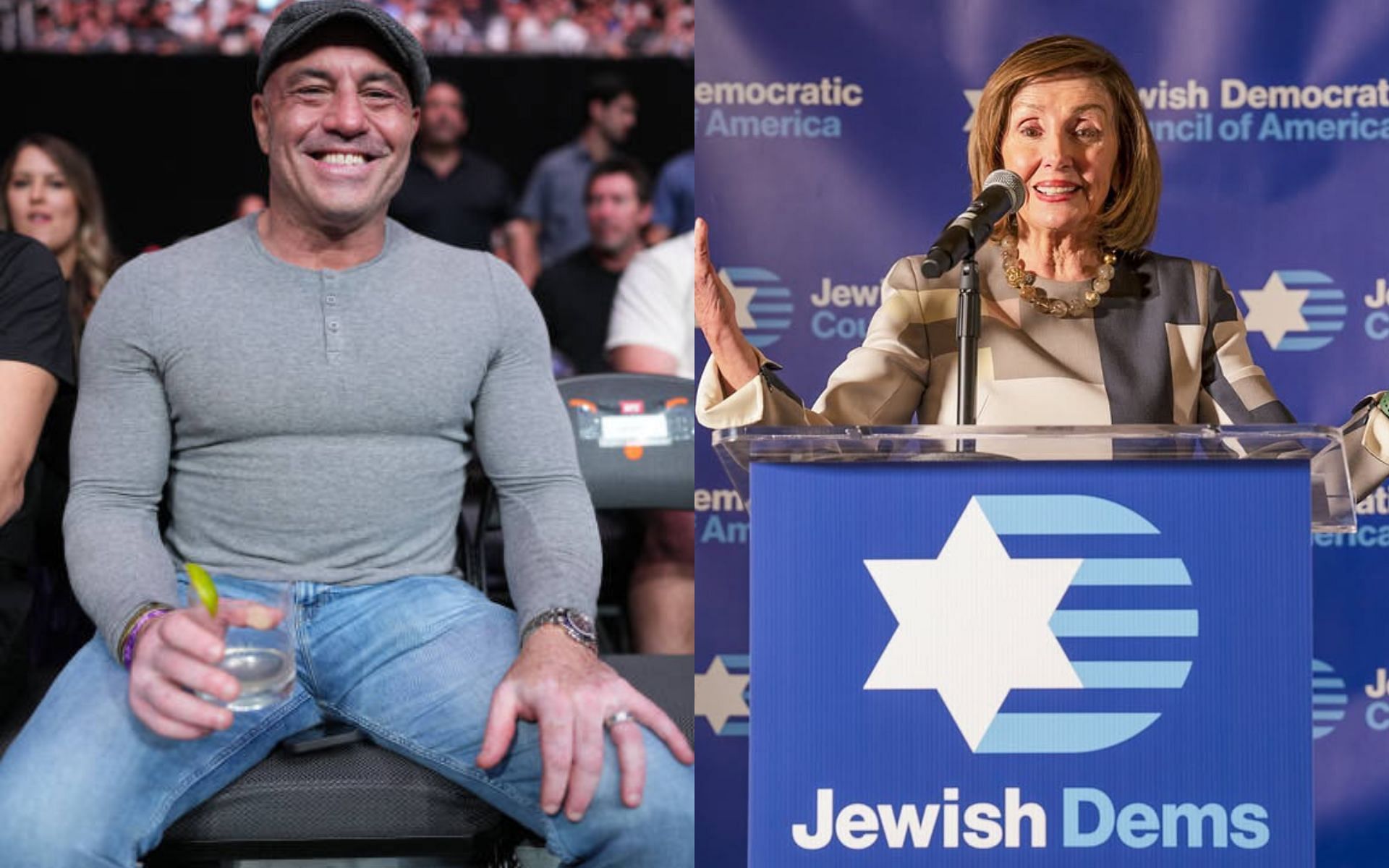 Joe Rogan (left) criticizes Nancy Pelosi (right). [Images courtesy: Getty and @speakerpelosi on Instagram]