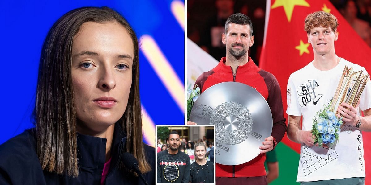 Iga Swiatek (L), Novak Djokovic with Jannik Sinner (R) and Nick Kyrgios with Eugenie Bouchard (inset) [Image Source: Getty Images]