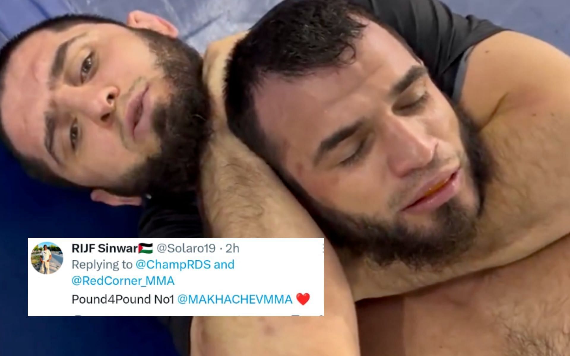 Fans react as Islam Makhachev nearly puts his Makkasharip Zaynukov to sleep during training. [Image courtesy: @ChampRDS on X]