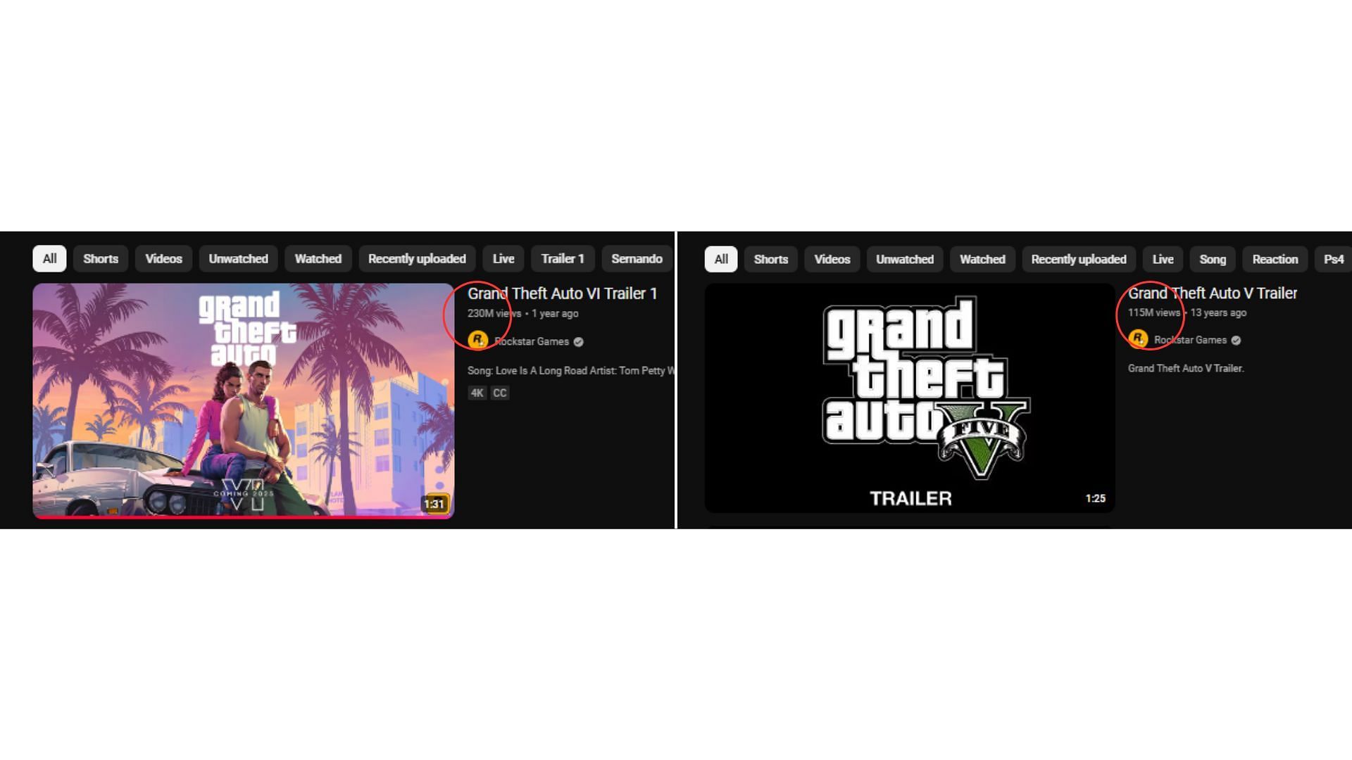 Screenshots of two of the most popular Grand Theft Auto trailers of all time (Image via YouTube)