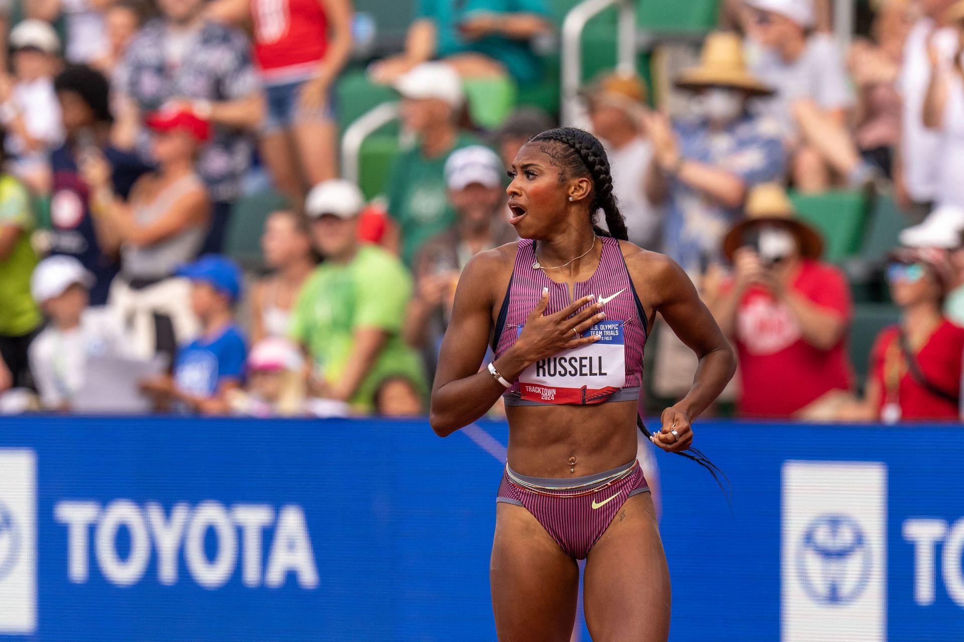 Masai Russell after winning the 100m hurdles finals event in June during the US Olympics Track and Field team trials (Image via: Getty Images)