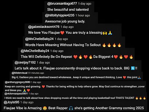 Fans commenting on Flau'Jae Johnson's latest music video